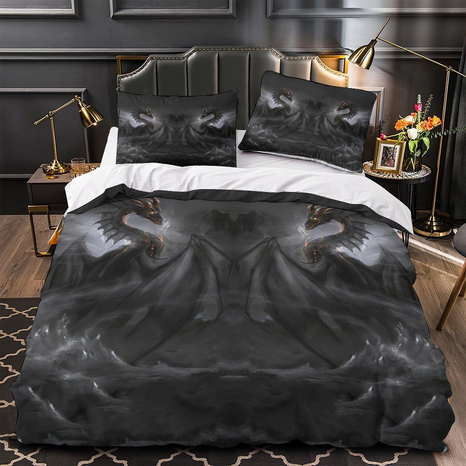 Parure de lit dragon noir 135x200cm avec housse de couette 3D en microfibre pour enfant