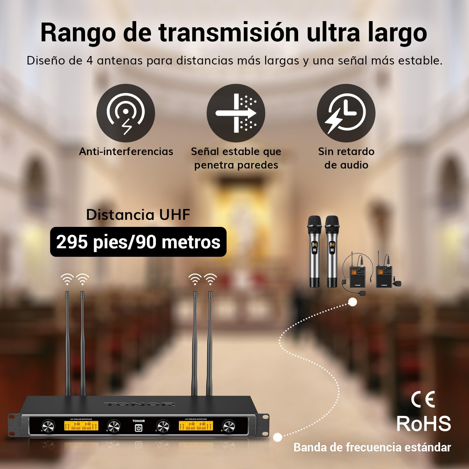 TONOR Sistema de Microfono Inalámbrico UHF, Micrófono de Mano/Auriculares/Lavalier, Transmisor de Bolsillo, Receptor Metálico de 4x5 Frecuencias, Alcance de 90m para Karaoke en Iglesias, 4 Canales