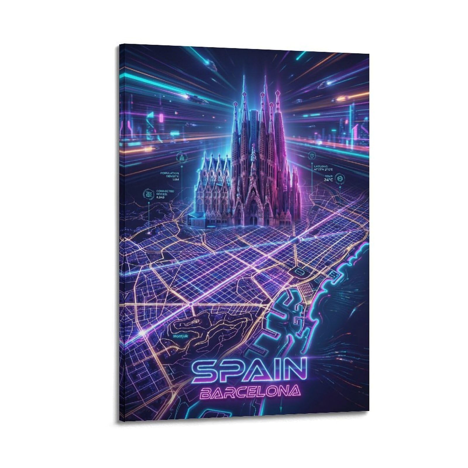XKUGA Barcelona Spain Future City Neon Travel Poster Modern Decorative Canvas Prints - Ideal Wall Art for Family, Man Cave, Game Room, Boys & Girls Bedroom 16x24inch(40x60cm)
