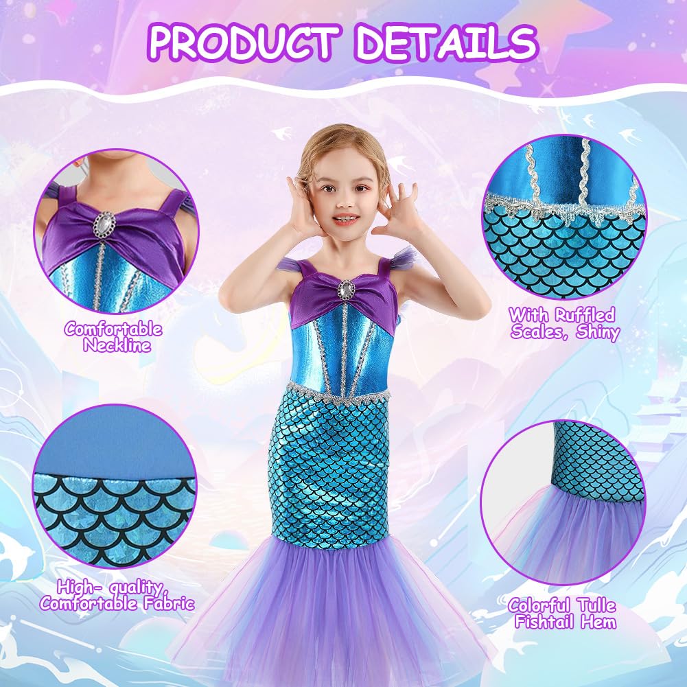 AYBUY Vestito Sirenetta Bambina, Sirena Principessa Vestito con Corona Scettro e Gioielli della Collana, Costume da Principessa Sirena Bambina per Halloween, Natale, Compleanno, Cosplay
