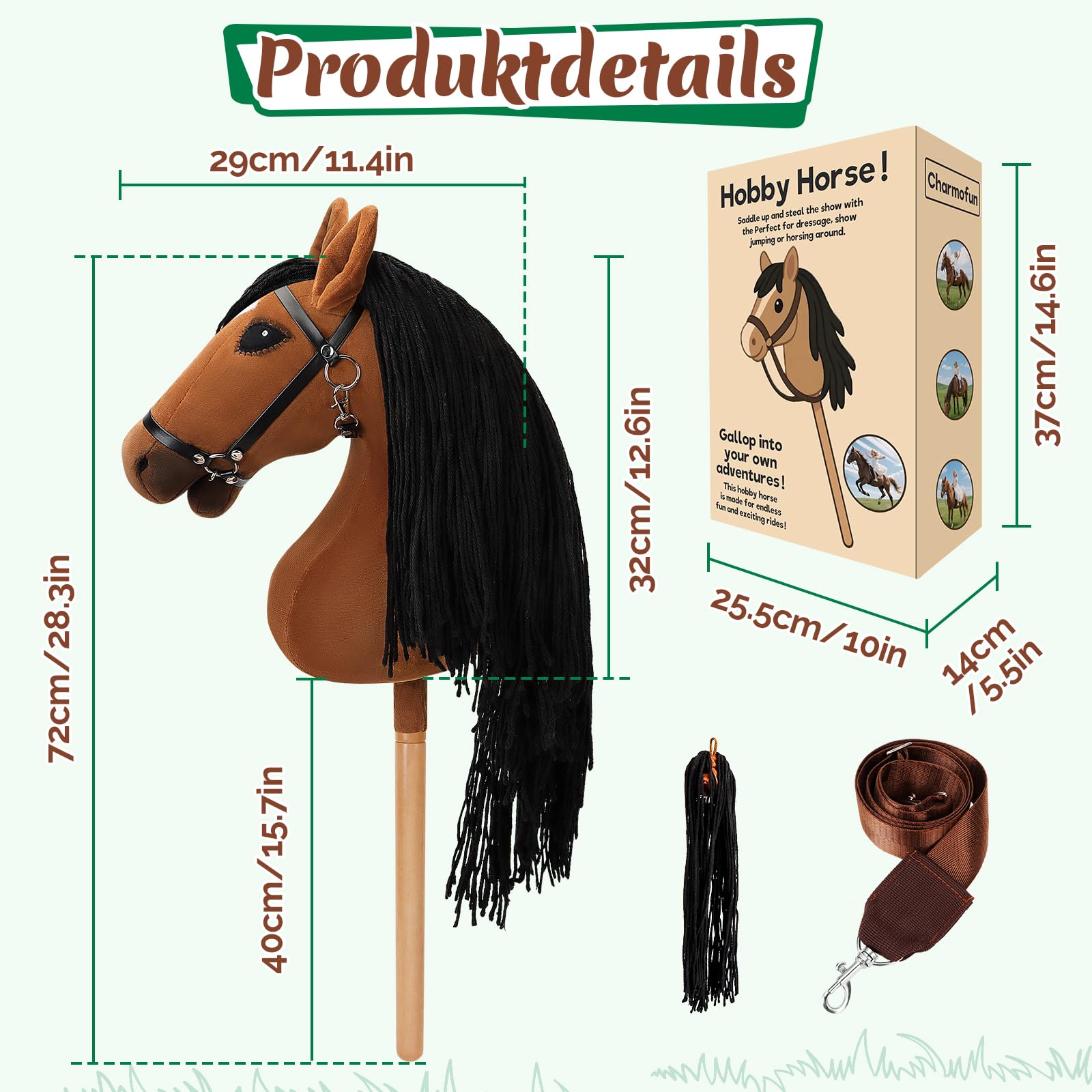 Charmofun Hobby Horse, A3 Kopfgröße Steckenpferd Kinder, Hobby Horsing mit Weichem Plüschhalfter, Fließendem Schweif & Verstellbarem Schultergurt, Perfekt für Garten, Geburtstag Grau (Braun)
