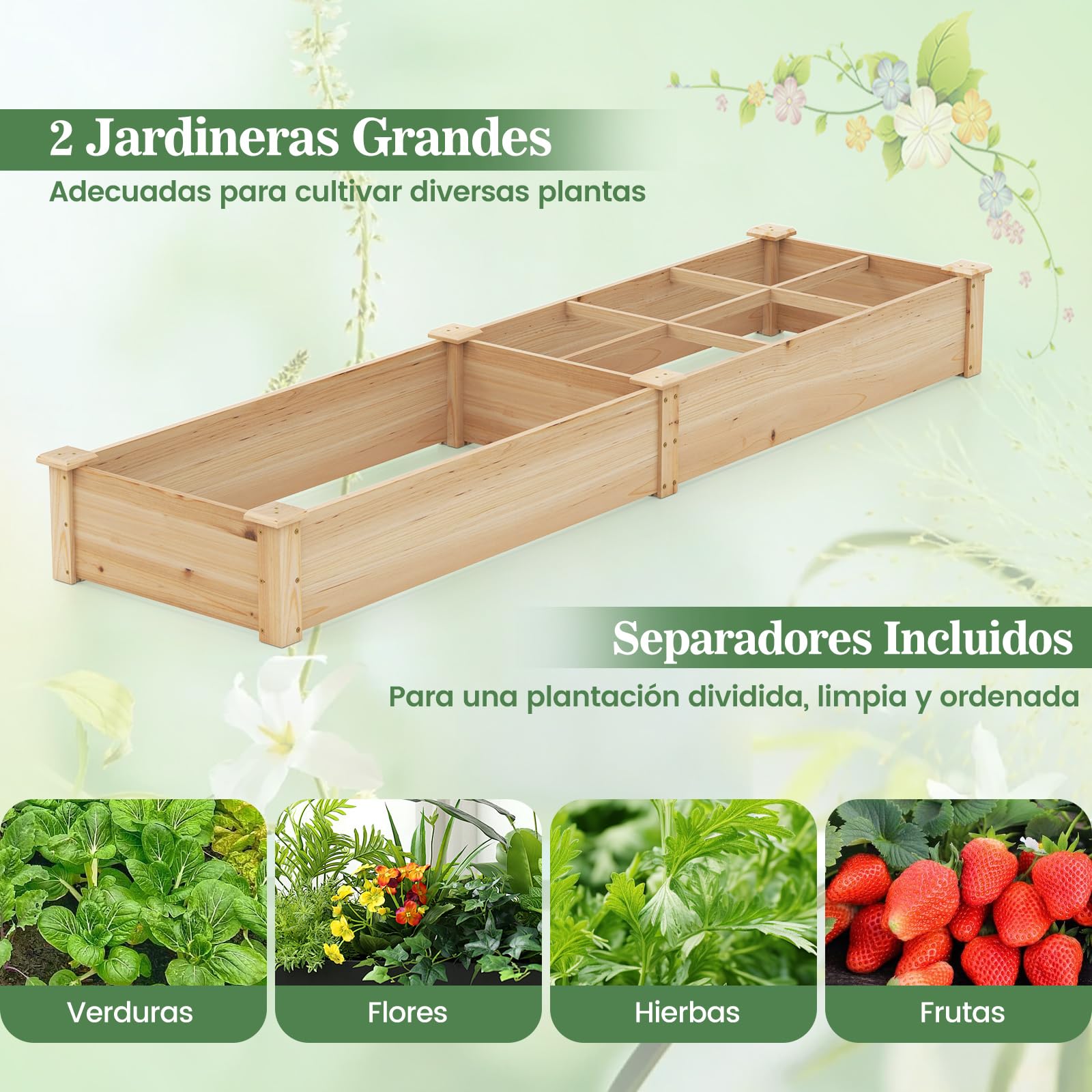 COSTWAY Huerto Urbano Exterior, 228x62x25 cm, Jardinería Elevada de Madera, Cama Elevada de Jardín con 2 Cajas de Cultivo y Divisores para Flores, Vegetales, Jardineras para Patio Césped (Natural)