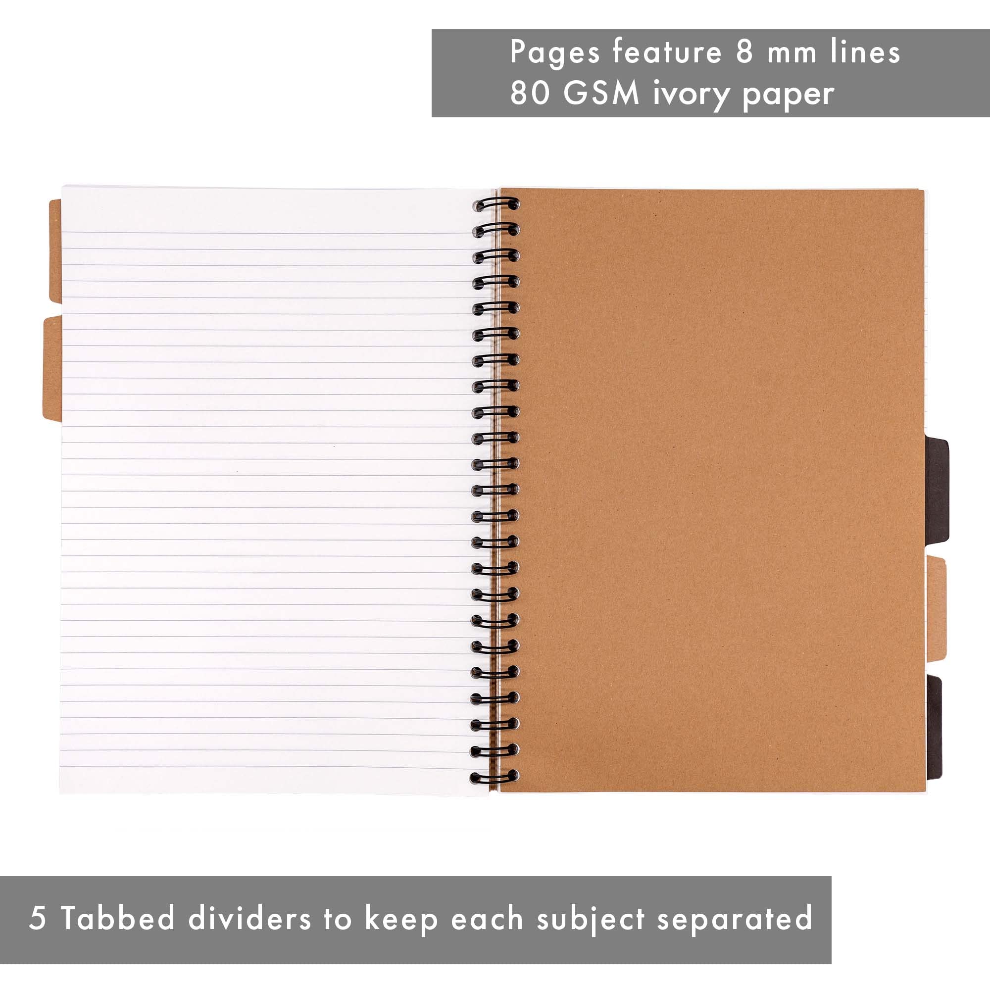 Pukka Pad A4 Kraft Project Book - 200 Pages with 5 Tabbed Dividers - Features Double Wire-Binding with Perforated Pages - 29.7 x 23cm - 80GSM Paper with 8mm Lines - 3 Pack