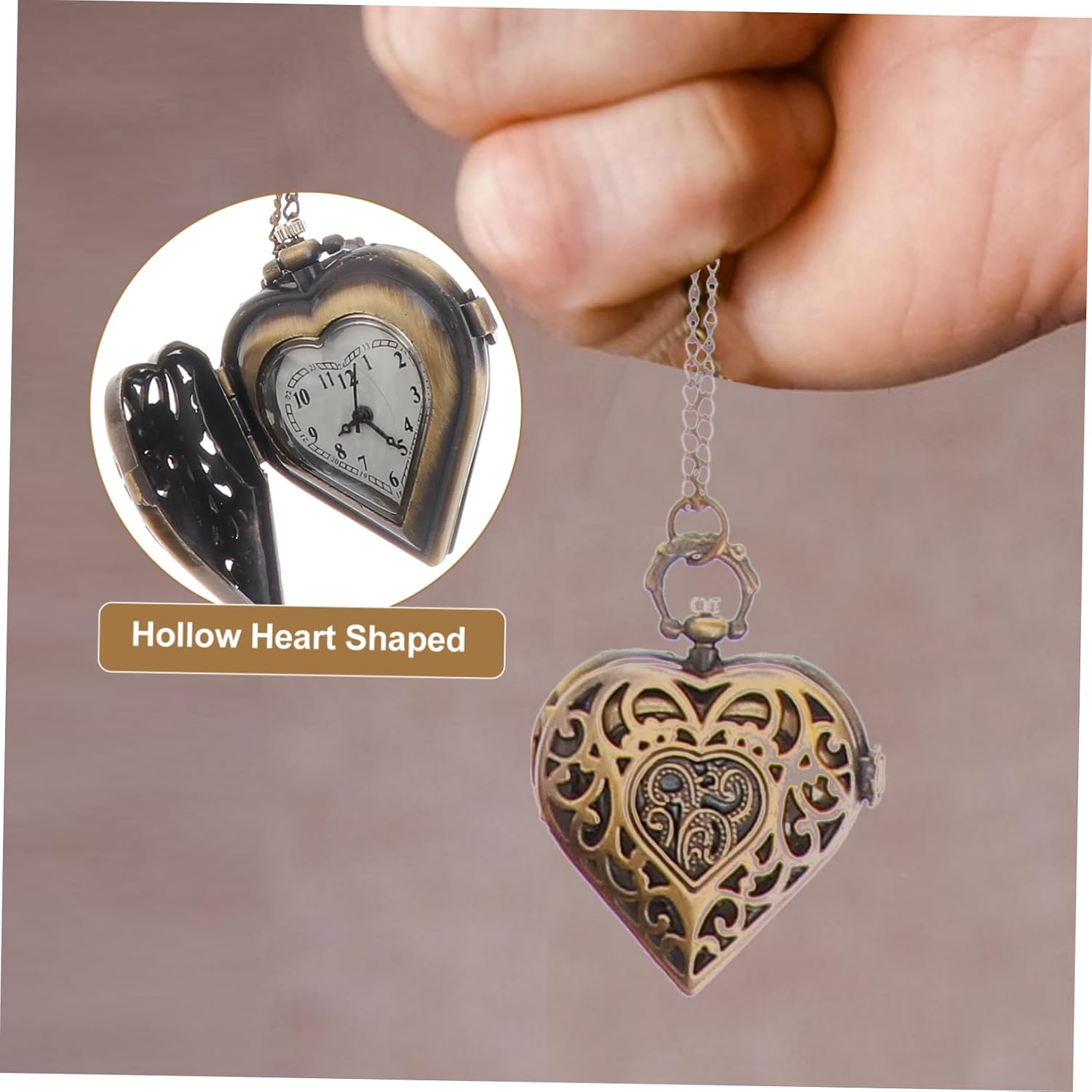 BESPORTBLE Vintage Bronze Heart Shaped Pocket Watch with Arabic Numerals Mechanical Movement Metal Case for Men and Women Removable Chain for Convenient Carry