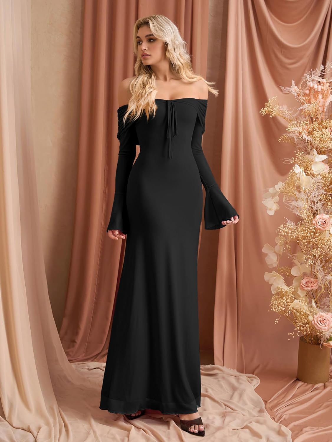 KUTUMAI Elegant Off Shoulder Long Sleeve Maxi Dress Bodycon Tie Formal Wedding Guest Dresses for Women 2025 Fall - Image 5