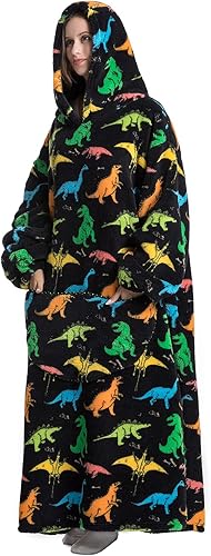 Miniatura 4 de ZAJIO Manta larga con capucha para adultos, hombres y mujeres, súper suave y cálida, de franela Sherpa con mangas de bolsillo, dinosaurio multicolor