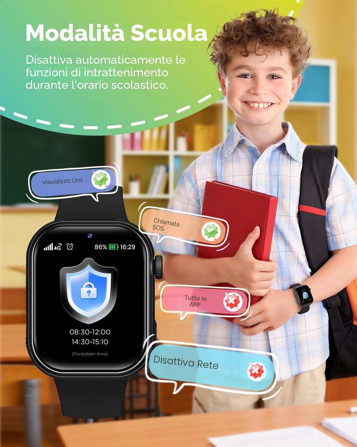 4G Smartwatch Bambini, Orologio Smartwatch Bambini GPS con Chiamate, Videochiamate, Chat Vocale, Modalità Scuola, Doppia Fotocamera, Sveglia, Contapassi, IP68, Smart Watch per Ragazzi e Ragazze, Nero