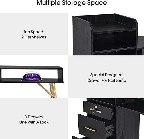 Miniatura 4 de BarberPub Mesa de manicura con 3 cajones y 4 estantes, escritorio de uñas con asas y patas doradas, mesa de uñas para tecnología de uñas, equipo de