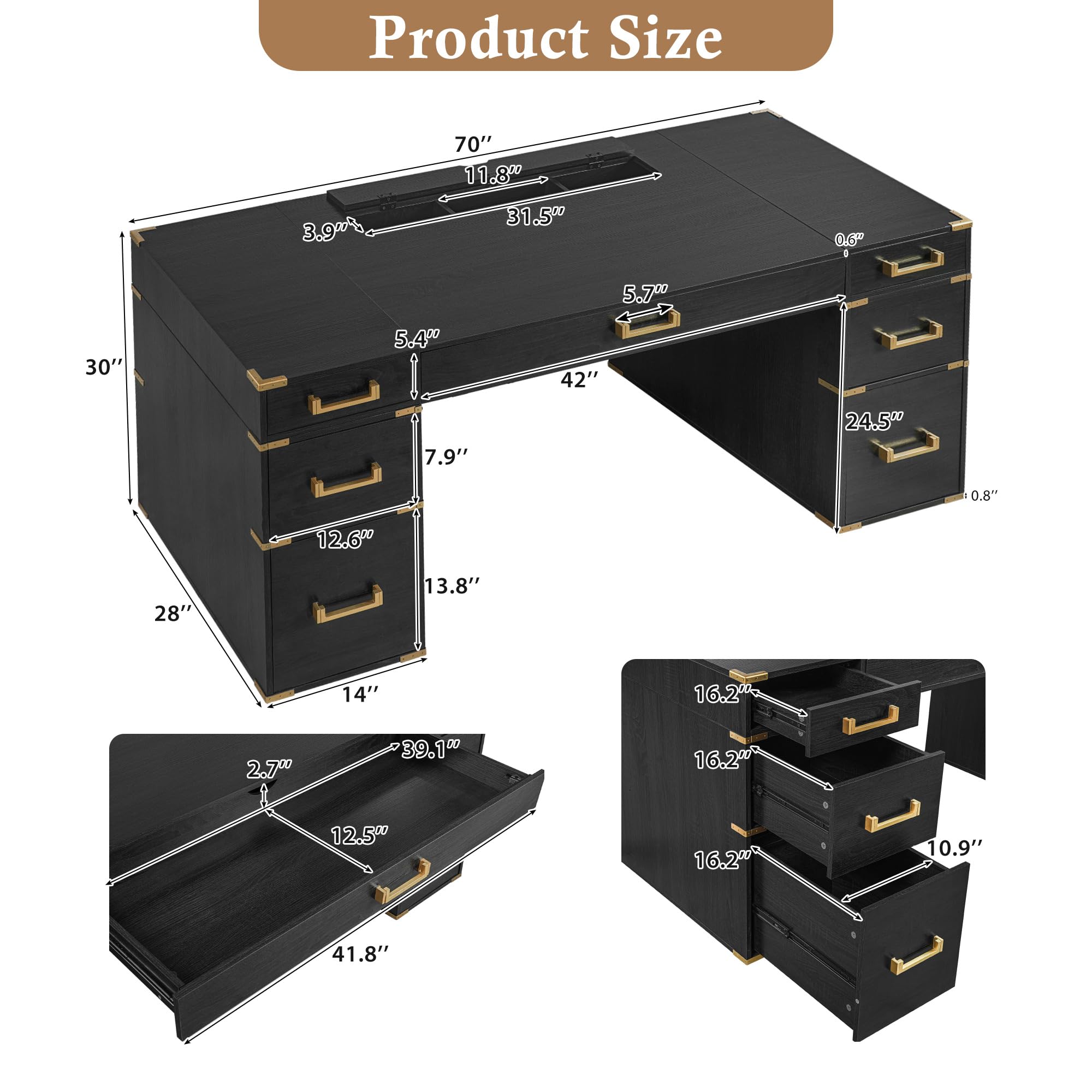 Condition photo showing New/Like New for merax 70" executive desk with drawers,wood writing desk for home office | large table with metal edge trim 7 drawers,usb ports and outlets,farmhouse desk with hidden compartment study room,black box1/3