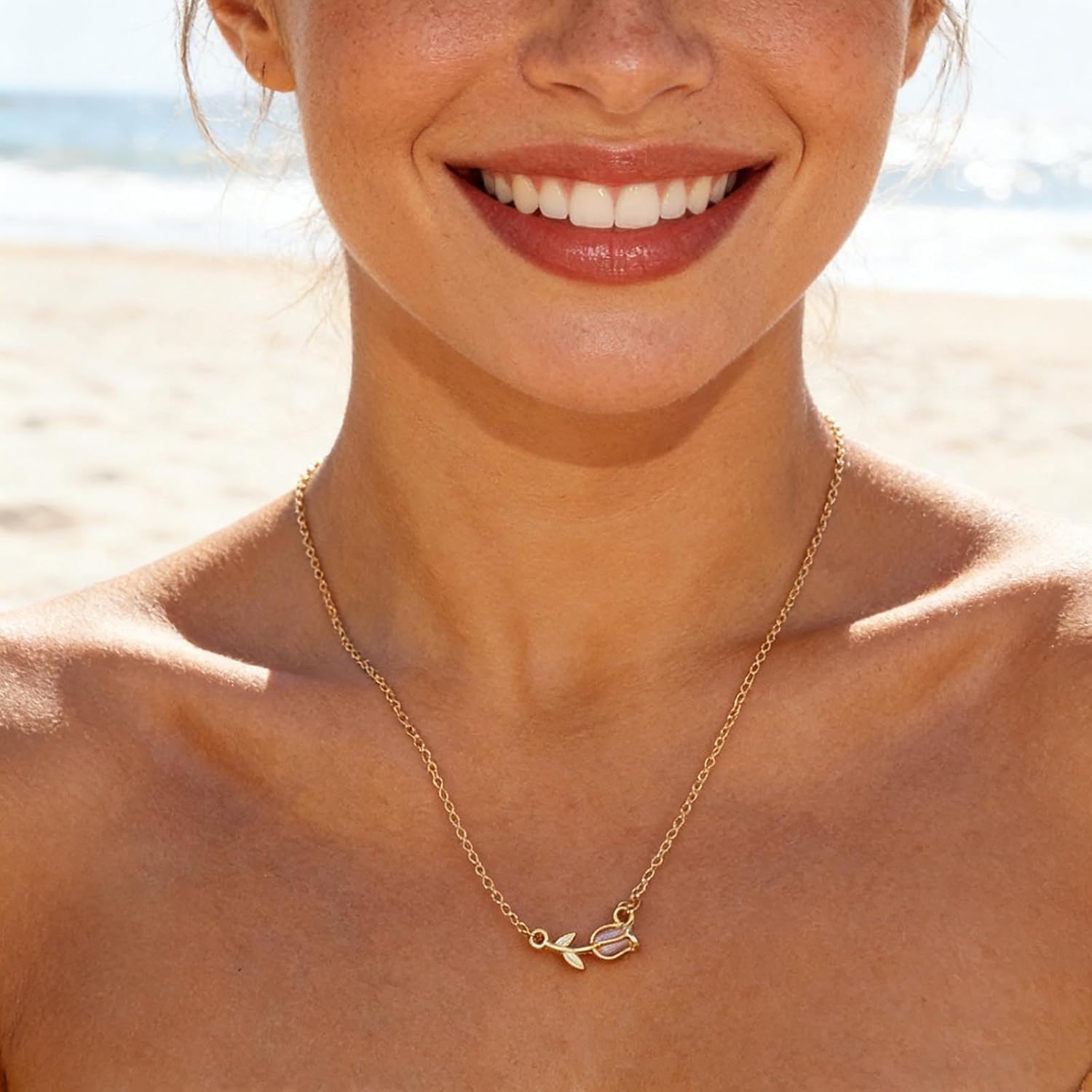 Boho Pearl Tulip Pendant Necklace Pink Tulip Choker Necklace Imitation Pearl Flower Necklaces Vintage Tulips Flower Chain Necklaces Jewelry for Women - Image 2