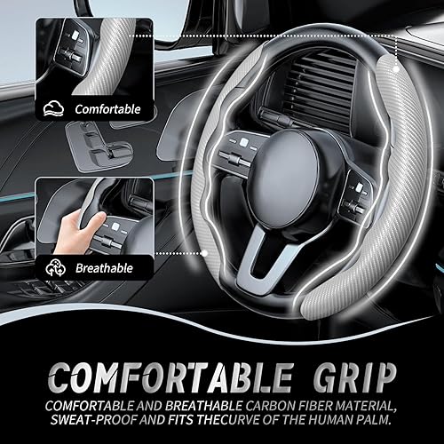 Vista 20 de WOCOCN 2 fundas para volante de automóvil, protector antideslizante de fibra de carbono para hombres y mujeres, múltiples opciones de color, Beige