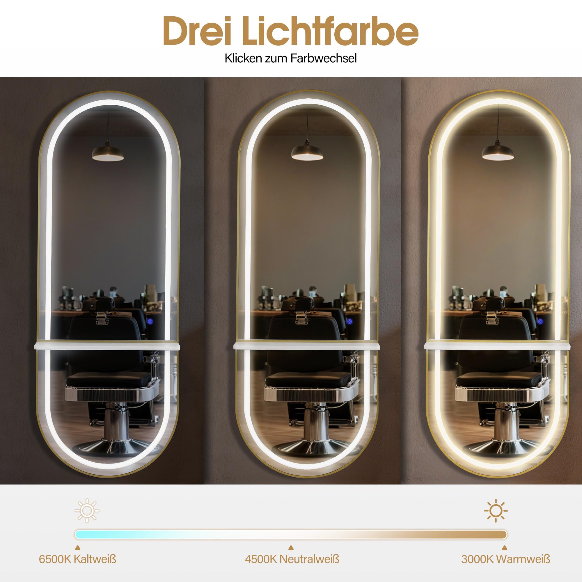 Barberpub Miroir Mural avec éclairage, Niveau Complet du Corps avec Cadre en Aluminium, Grand Miroir avec Interrupteur Tactile, 3 Couleurs légères dimmables, 17x65x177 cm, J6270(Blanc-Or)