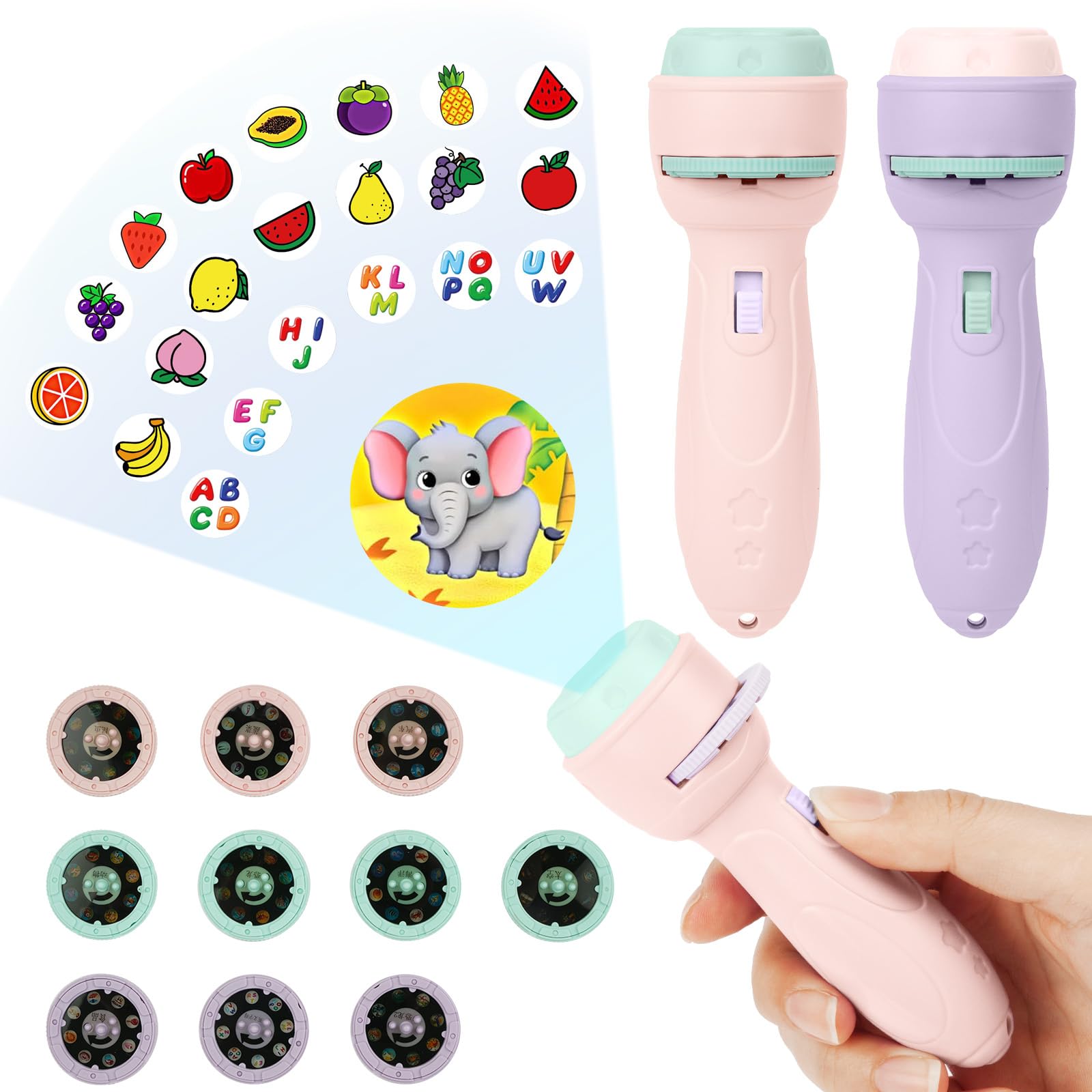 HOTUT Kinder Projektor Taschenlampe,2 Stück Kinder Geschichte Taschenlampe,Diashow Beamer Spielzeuge mit 20 Scheiben,160 Bilder,Cartoon-Kinderprojektor-Taschenlampe für Jungs und Mädchen