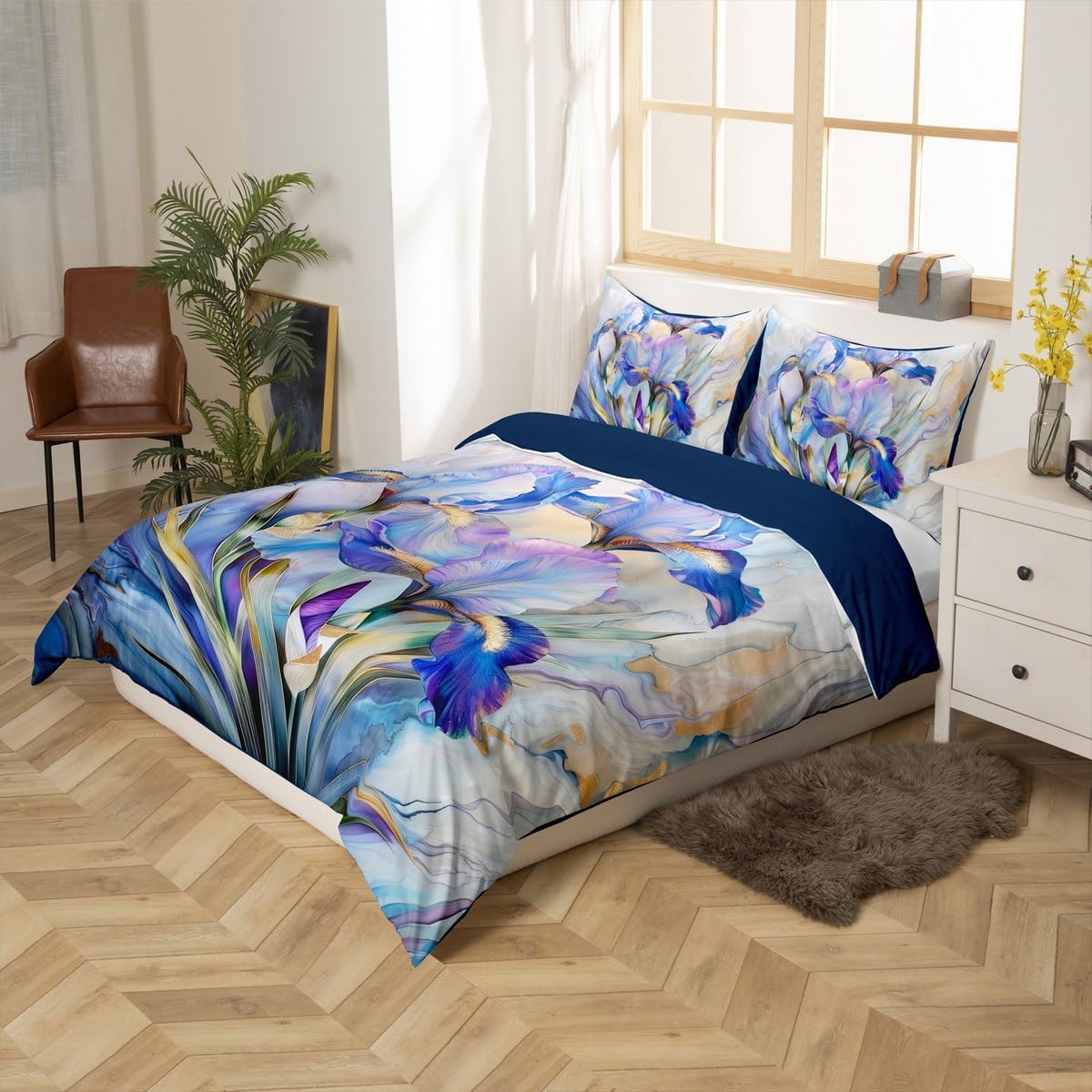 Erosebridal Blue Purple Floral Duvet Cover Queen Elegant Abstract Marble Bedding Set for Kids Teens | Spring Iris Flowers Bedspread Cover Marbling Aesthetic Botanical Bed Set with 2 Pillowcases