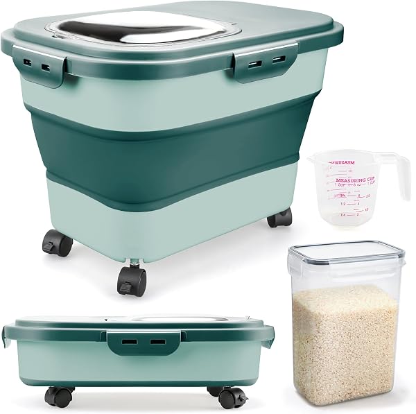 Komon Rice Storage Containers, Collapsible 10 to 30Lbs Food Storage Bin Dispenser with Rolling Wheel and Clear Airtight