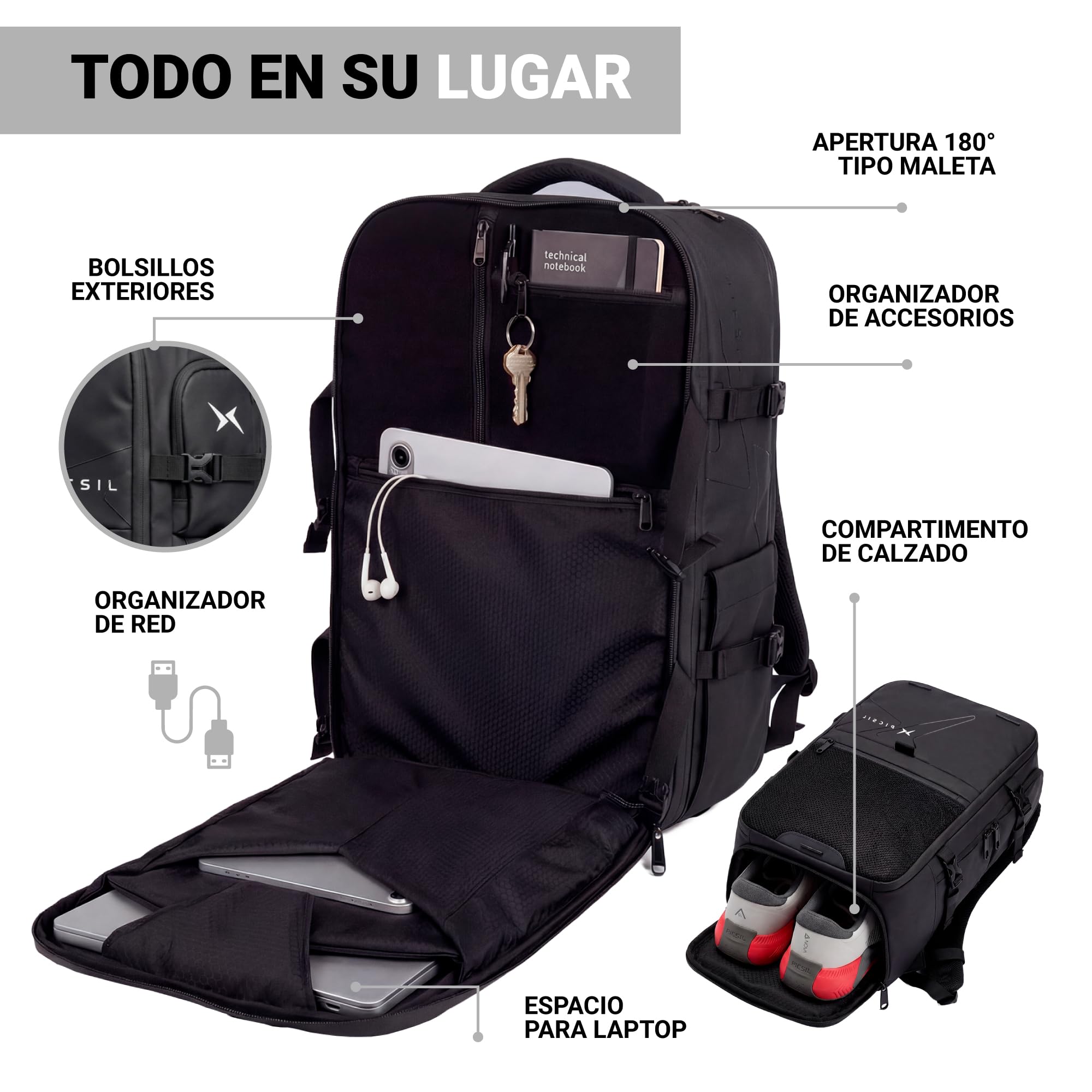 PICSIL Horizon, Mochila Cabina Extensible 26L-33L, Comparimento PC - Moss | 47x29x18,5 cm aptas para avión. Diseño modular impermeable, puerto USB-C y apertura 180°. Zapatillero y bandas trolley.