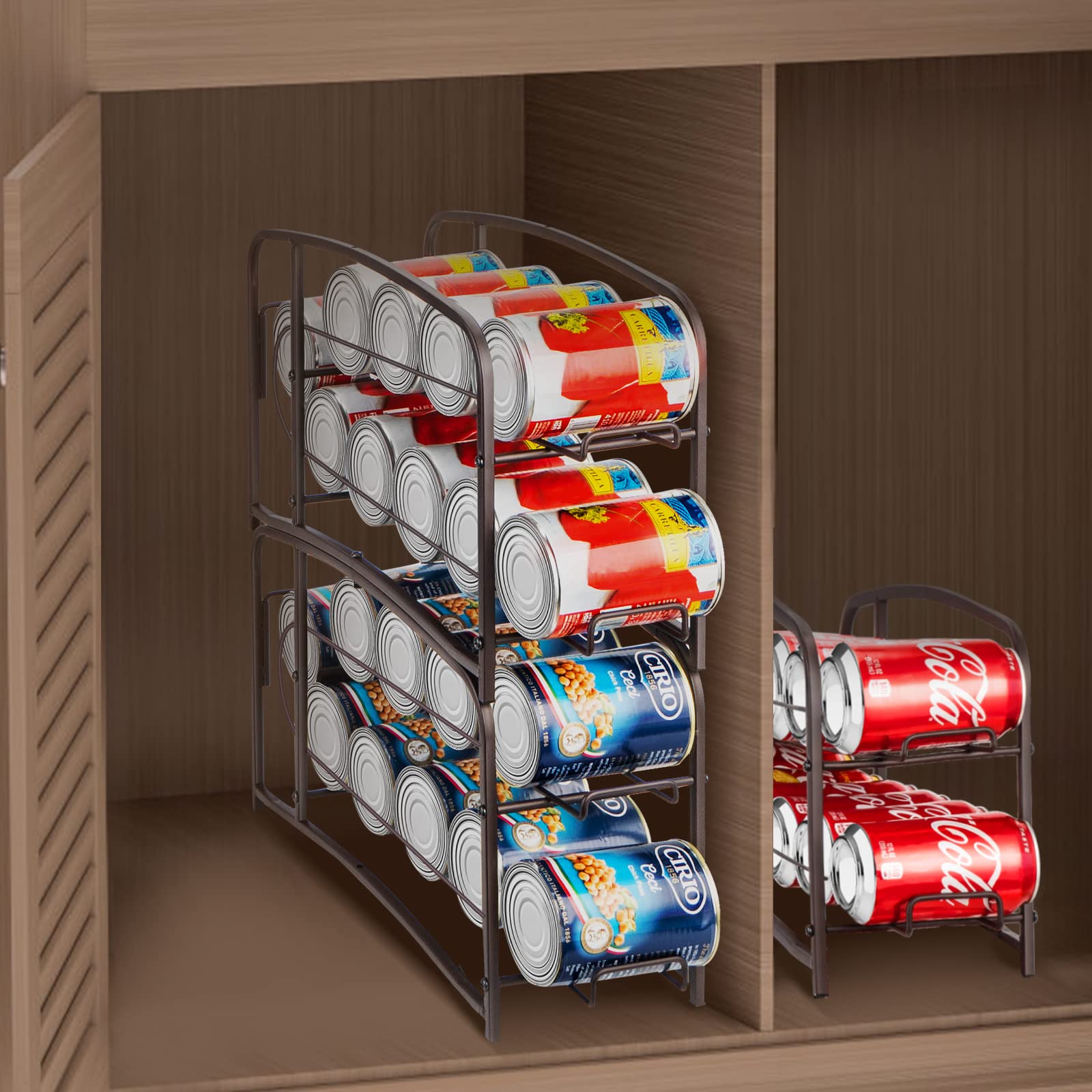 Mutool Paquete de 2 soportes apilables para latas, organizador de latas para nevera, armario de cocina, estante de almacenamiento para encimera, organizadores de despensa y almacenamiento, bronce