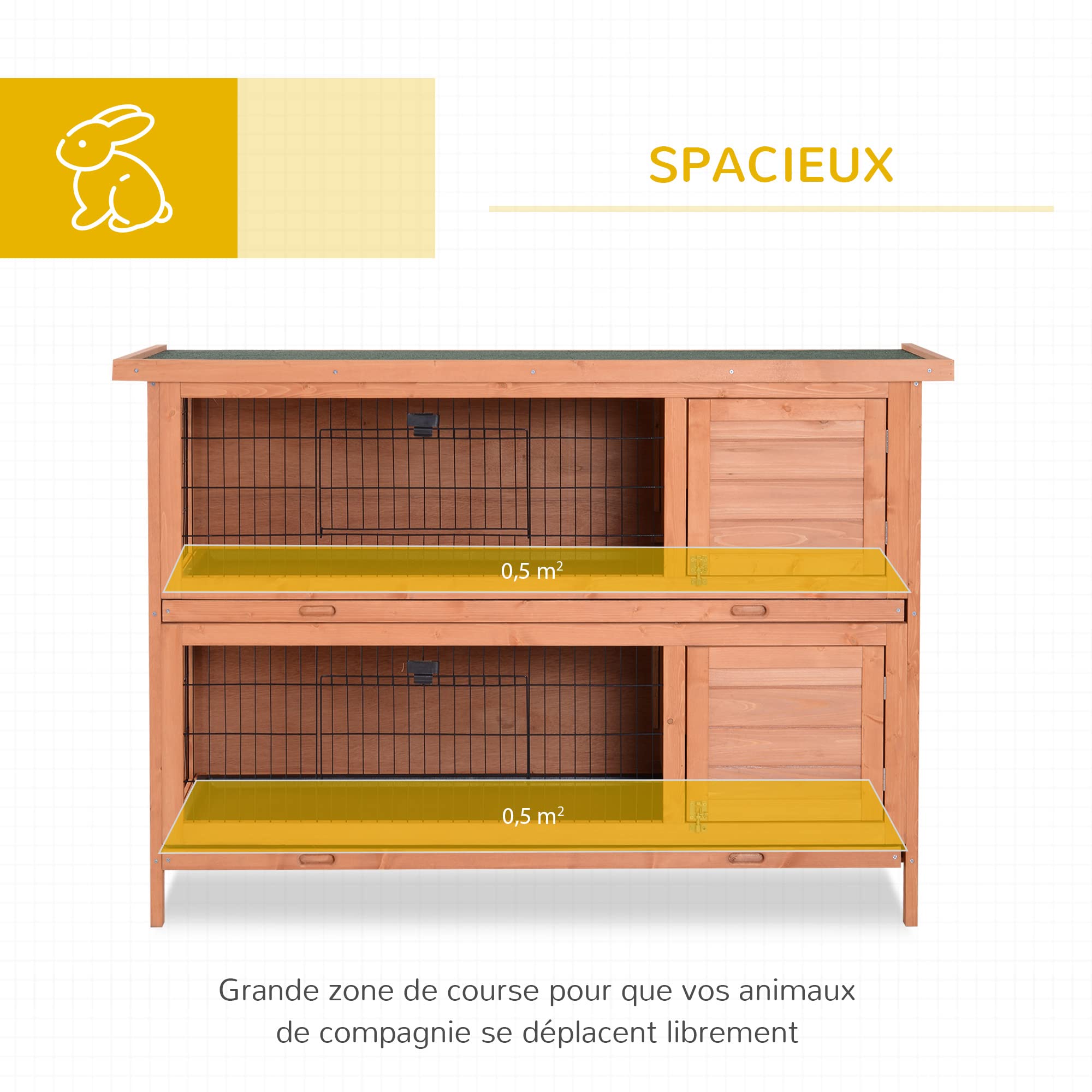 PawHut Clapier sur Pieds Cage à Lapin Double Niveau Plateaux excréments coulissants 4 Portes verrouillables dim. 137L x 50l x 93H cm Bois Massif pin Toit bitumé Vert