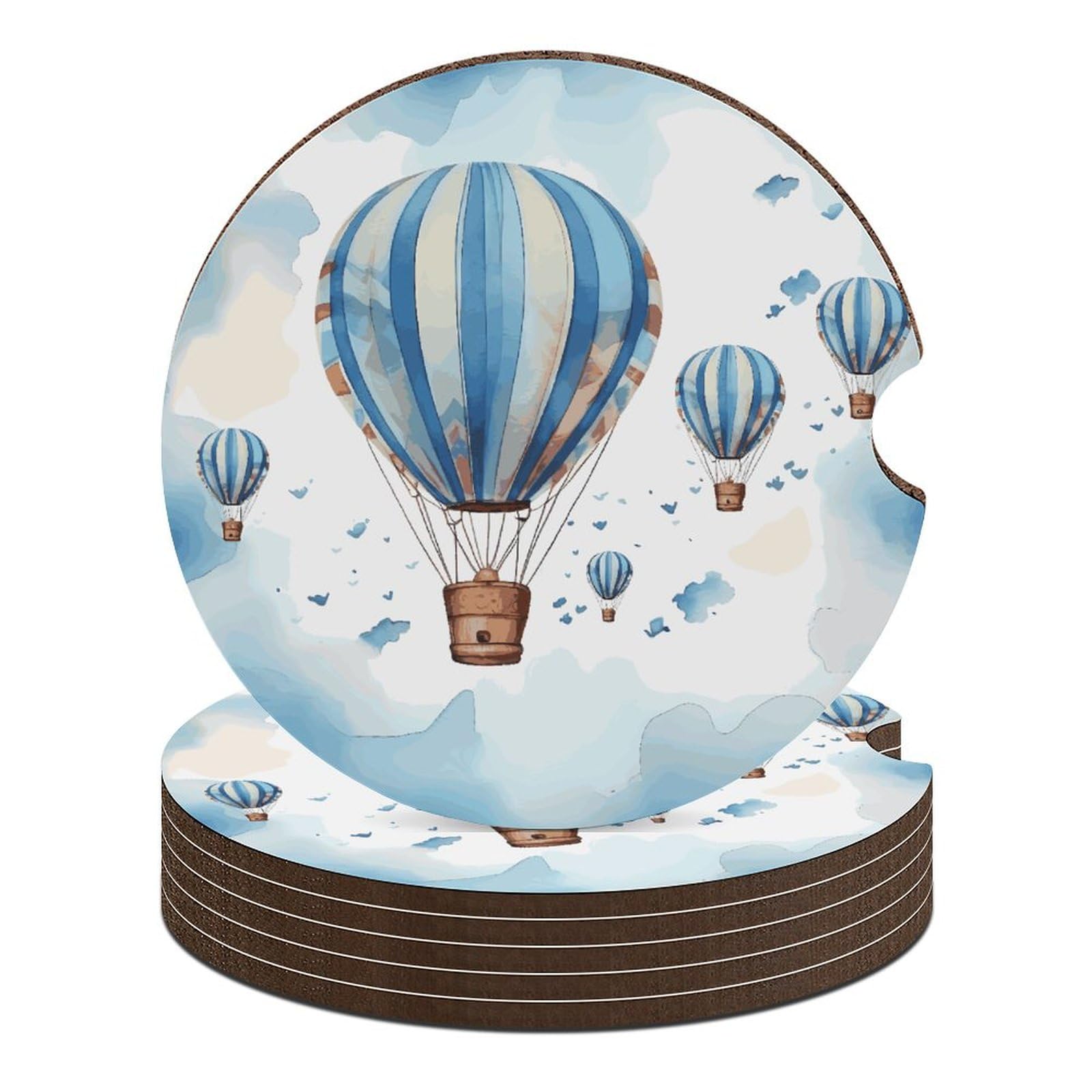 Dessous de verre voiture montgolfière bleu antidérapants 6.6 cm lot de 6
