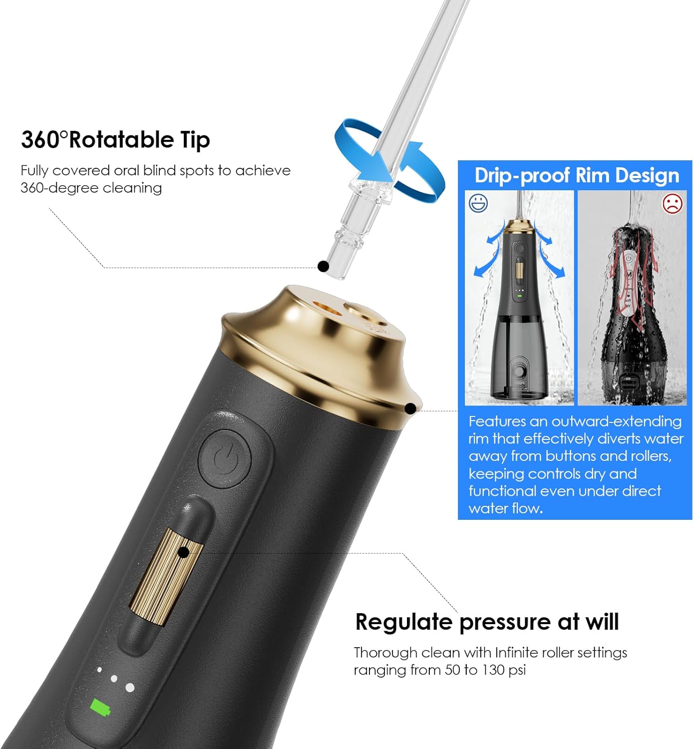 300ML Long-Lasting Battery Life Water Flosser Adjustable Pressure Oral Irrigator Flosser with 4 Interchangeable Nozzle Tips for Implants/Braces/Receding Gums (Black&Gold)
