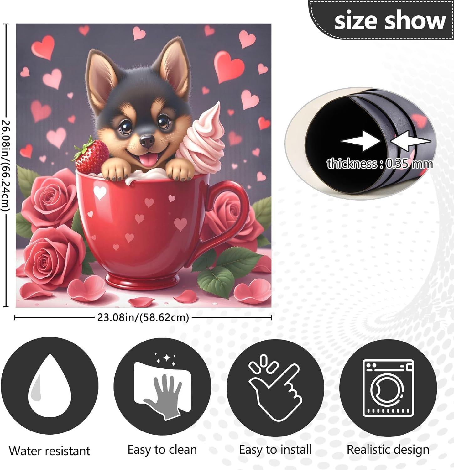 Dishwasher Magnet Cover Large Magnetic Stickers Rose Cup Puppy Front Dishwasher Cover Reusable Decal for Home Kitchen Refrigerator Decorative Lid Washing Machine Laundry