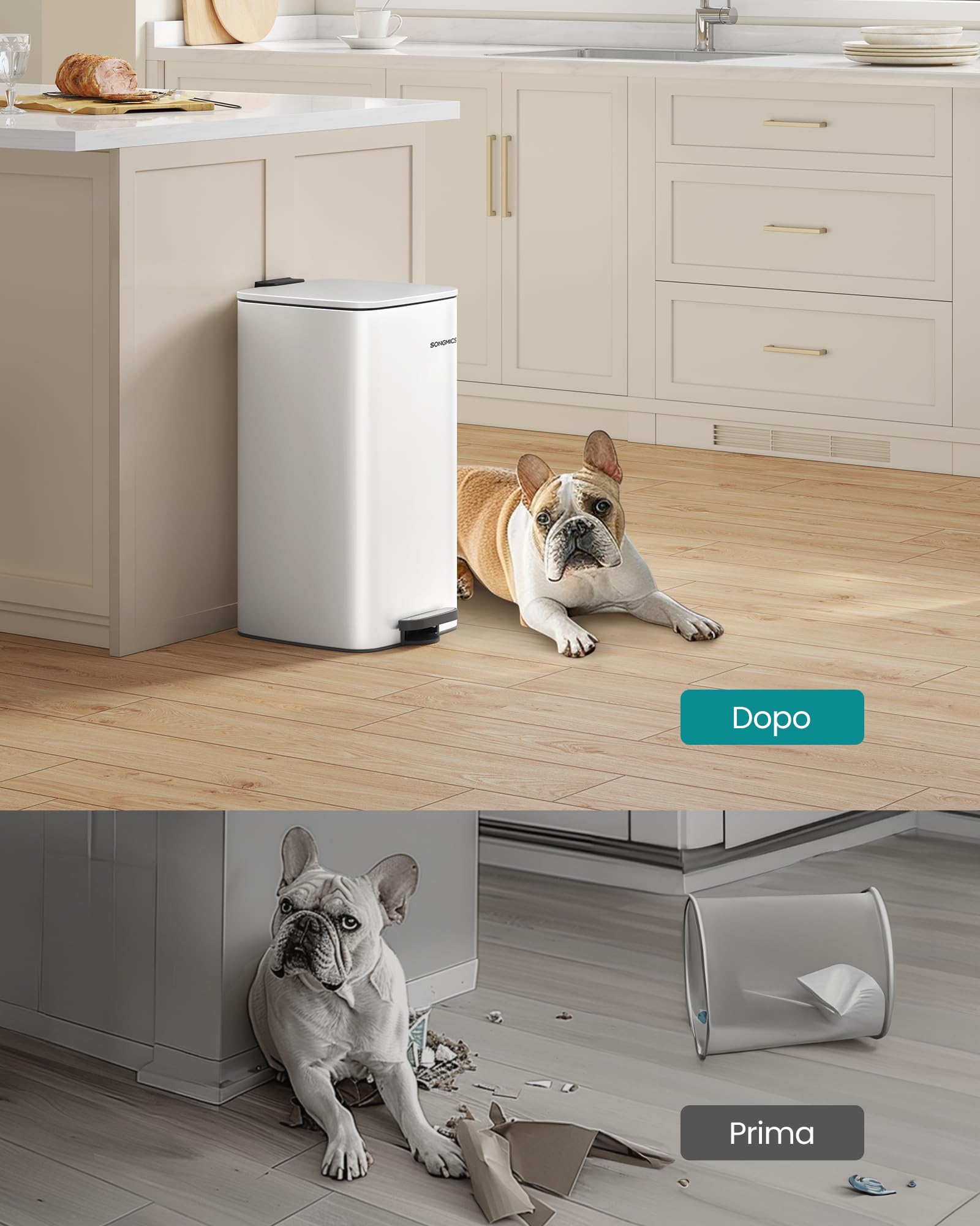 SONGMICS Pattumiera da Cucina, Cestino da 30 L, Cestino a Pedale in Acciaio, con Secchio Interno, Chiusura Morbida e Resta Aperto, Bianco Nuvola LTB593W02