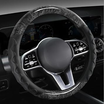 Auto Leather Steering Wheel Cover Peach Wood Grain Breathable Anti-Slip Durable Universal 15 Inch Steering Wheel Wrap Black