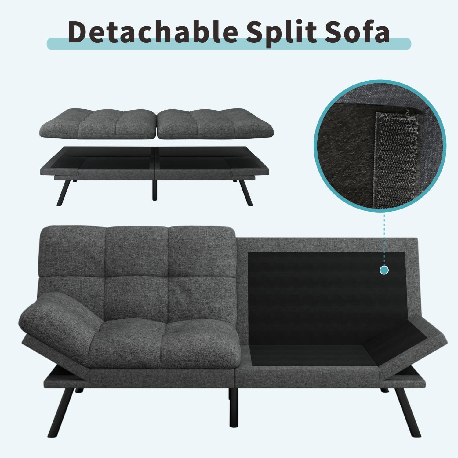 MUUEGM 71" Futon Sofa Bed, Comfortable Memory Foam Futons Sofa with Adjustable Backrest & Armrests, Convertible Loveseat Futon Bed for Compact Living Room, Apartment, Office, Medium Grey