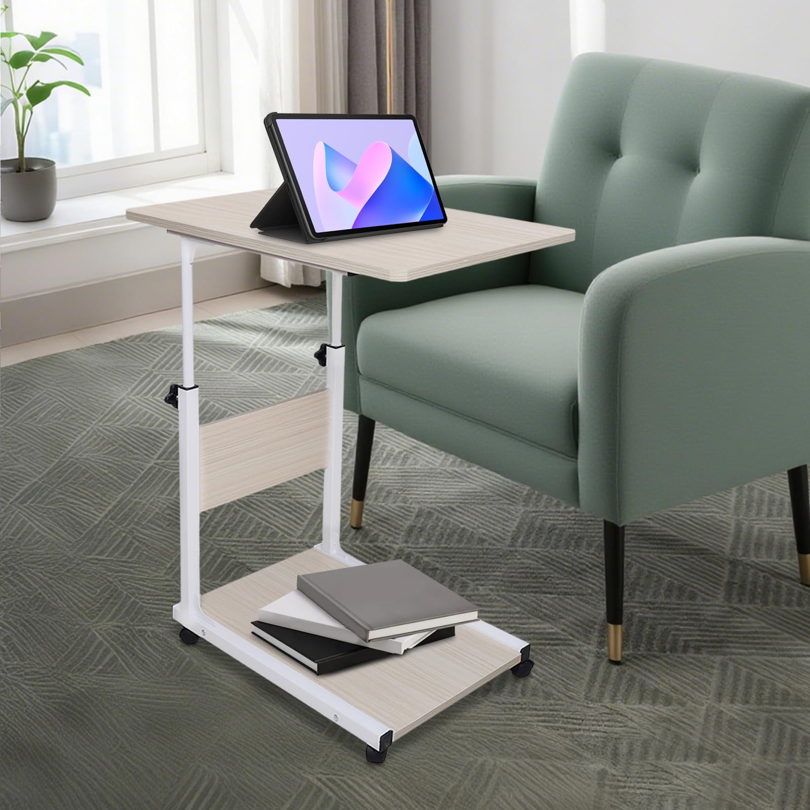 Tavolo per computer portatile, comodino in legno d'acero bianco con ruote, tavolino mobile regolabile in altezza, adatto per soggiorno, studio, ufficio, sala riunioni, aula, camera da letto