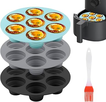 3PCS Silicone Air Fryer Muffin Pan for Baking 7 Cavity Air Fryer Silicone Cupcake Pans Non Stick Food Grade Muffin Tins Baking Cups for Air Fryer,Oven,Instant Pot,with Pastry BrushAs Shown
