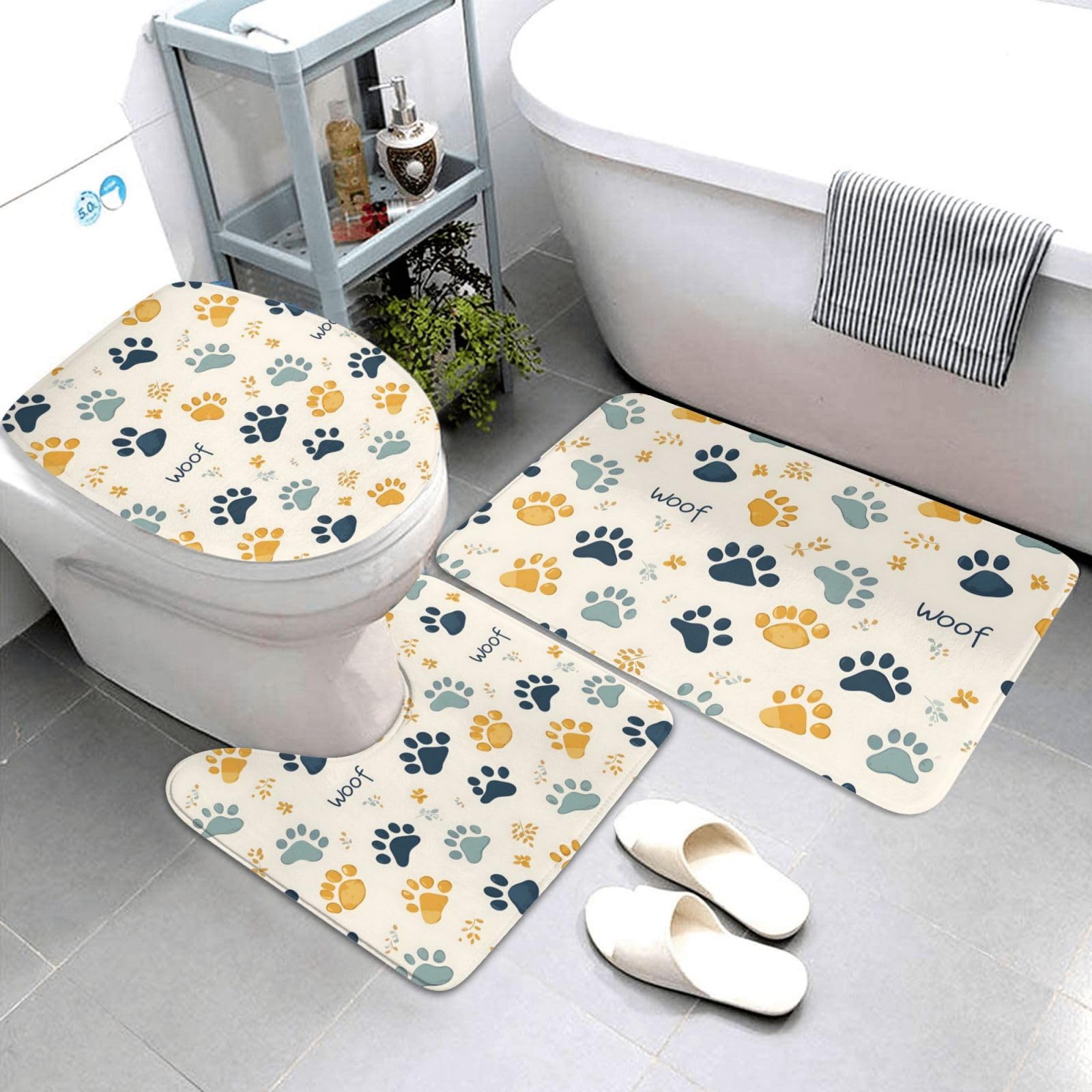 Tapis de bain doux pour toilettes baignoire lavable en machine avec motif pattes 3 pcs