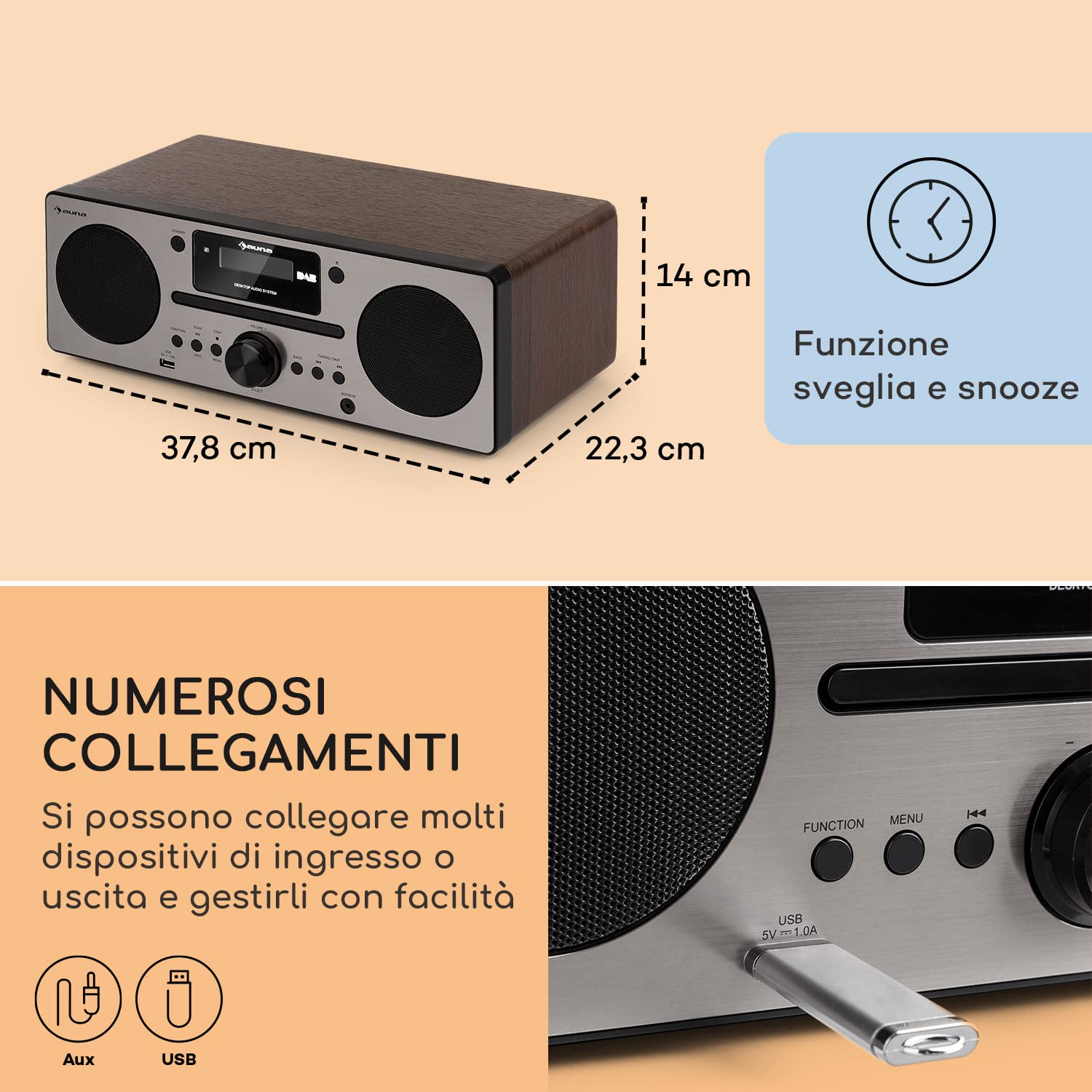 Auna Radio Portatile DAB+ Bluetooth CD FM/DAB Sistema Stereo AUX Display LCD Telecomando Sveglia MP3 Porta USB Vintage Legno 15W