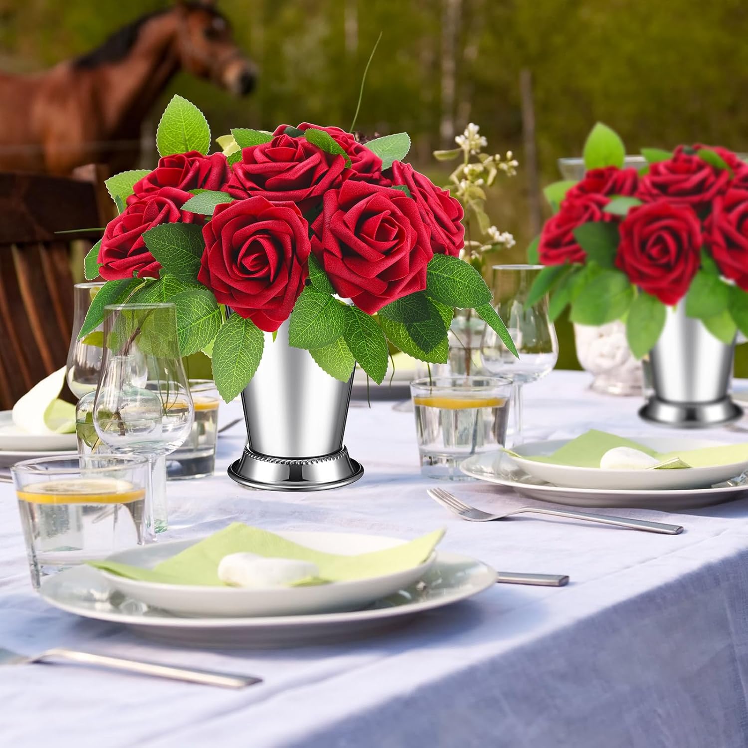 Zhehao 39 Pcs Mint Julep Cups with Artificial Roses 12oz Stainless Steel Cocktail Glasses Beaded Trim Border Derby Cups for Table Centerpiece Horse Racing Derby Party Decoration (Sliver)