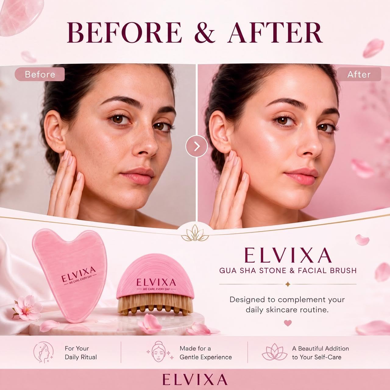 Rose Quartz Gua Sha & Facial Brush Set, Face Sculpting & Lymphatic Drainage Massage Tools, Skin Care Kit for Jawline, Neck & Cheeks, Reduces Puffiness, Improves Circulation