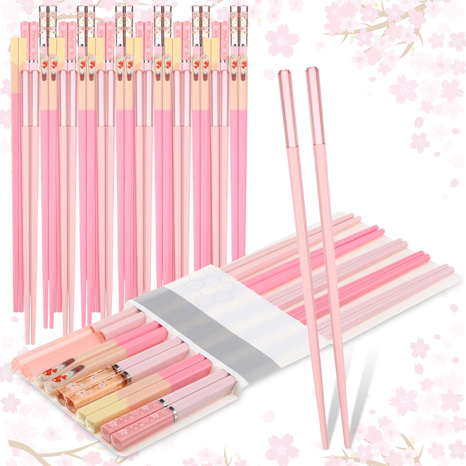 Honeydak 30 Pairs Pink Cherry Blossom Chopsticks Dishwasher Safe 9.57 Inches Non Slip Reusable Lightweight Fiberglass Chop Sticks Cute Japanese Chinese Utensils Gift Set for Party