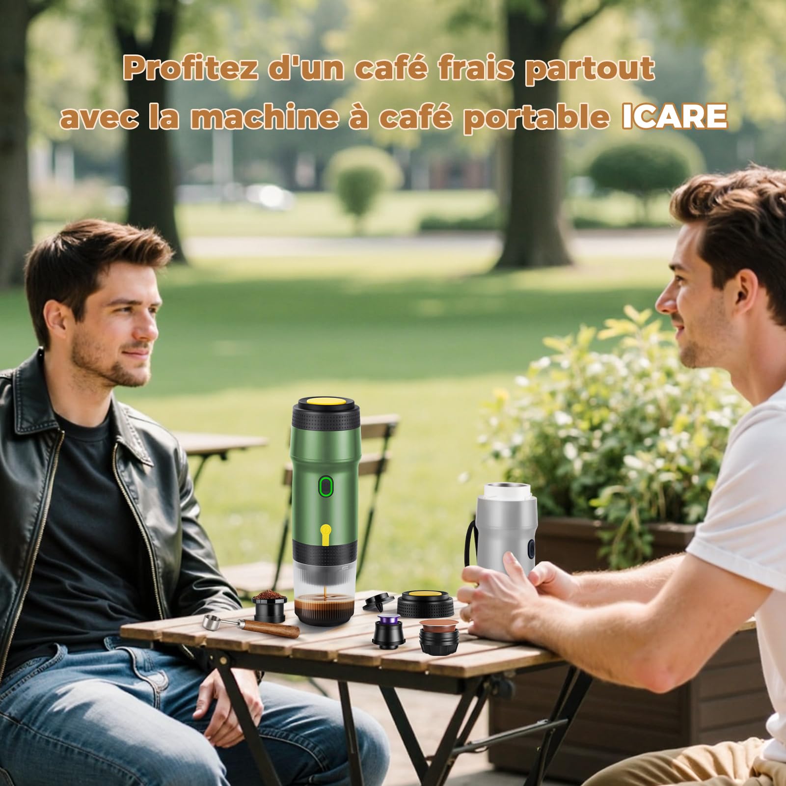 ICARE Cafetiere Portable, Expresso Machine a Cafe 3-en-1, 20BAR Pression, Extraction à 92°C, Batterie 7500mAh, Charge USB/Voiture, pour Capsules et Café Moulu (Vert)