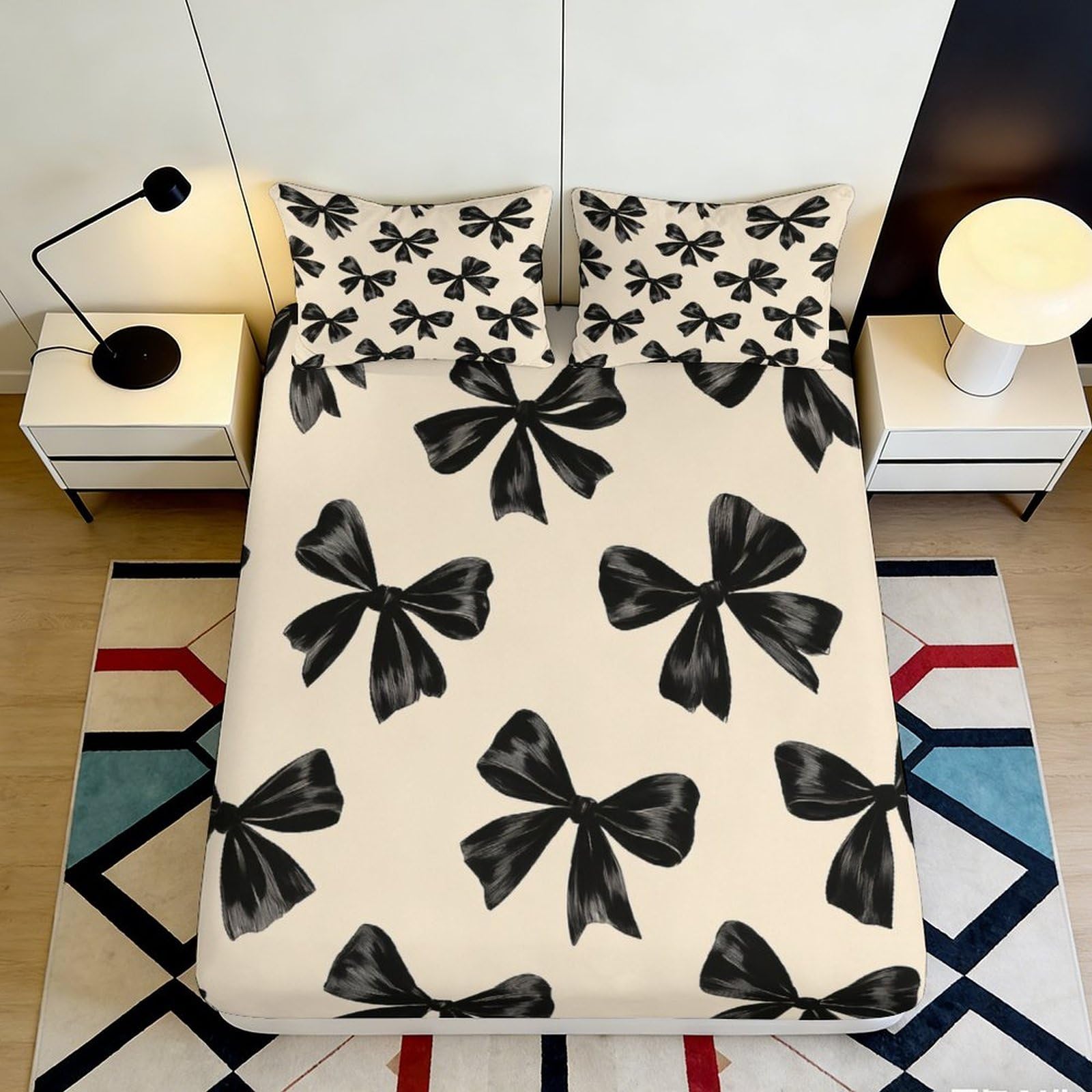 3D Printed Black Bow Fitted Sheet Microfiber Soft Bedroom Decor Ribbon Pattern Mattress Cover Washable 180x200x25cm