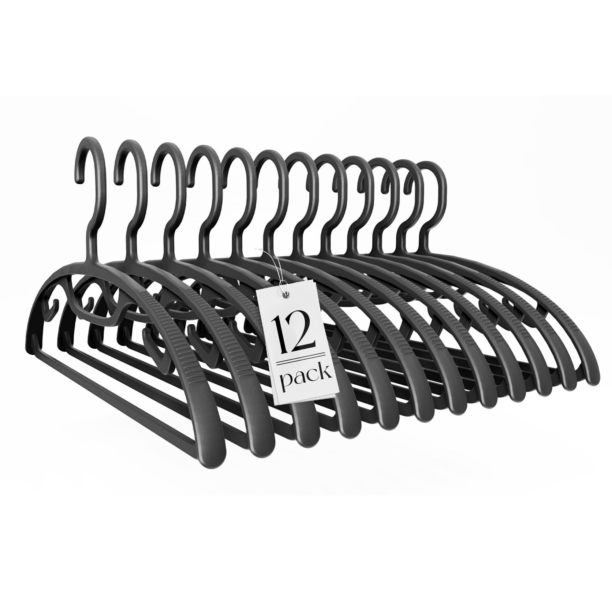 HOUSE DAY Plastic Clothes Hangers 12 Pack, Sweater Hangers No Shoulder Bump, Thick Heavy Duty Coat Hanger for Closet, Black Wide Hanger with Non-Slip Hook for Sweaters, Suits, Dresses, Jackets, Pants