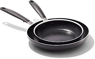 OXO Enhanced 2 Piece Frying Pan Set, 8” & 10” Skillets, Nontoxic PFAS-Free Ceramic Nonstick Cookware, BPA-Free Silicone Handles, Dishwasher & Oven Safe, Black