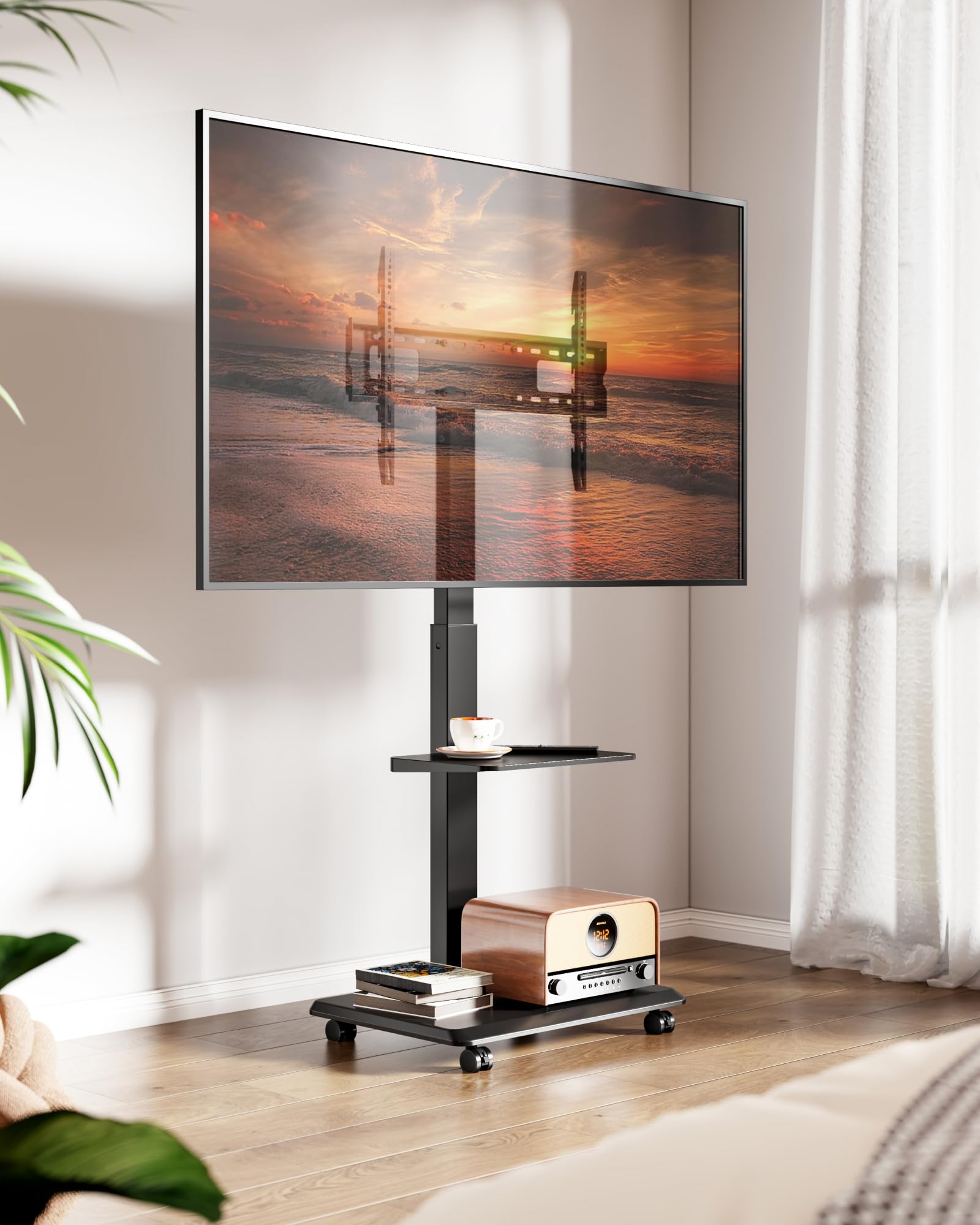 TV Ständer Rollbar mit Steckdose, 37"-75", 50kg, Max VESA 600x400 | TV Standfüße mit Versteckter Kabelverwaltung, Höhenverstellbar, Schwenkbar, Neigbar, ±3° Niveau, Einfache Montage, Schwarz