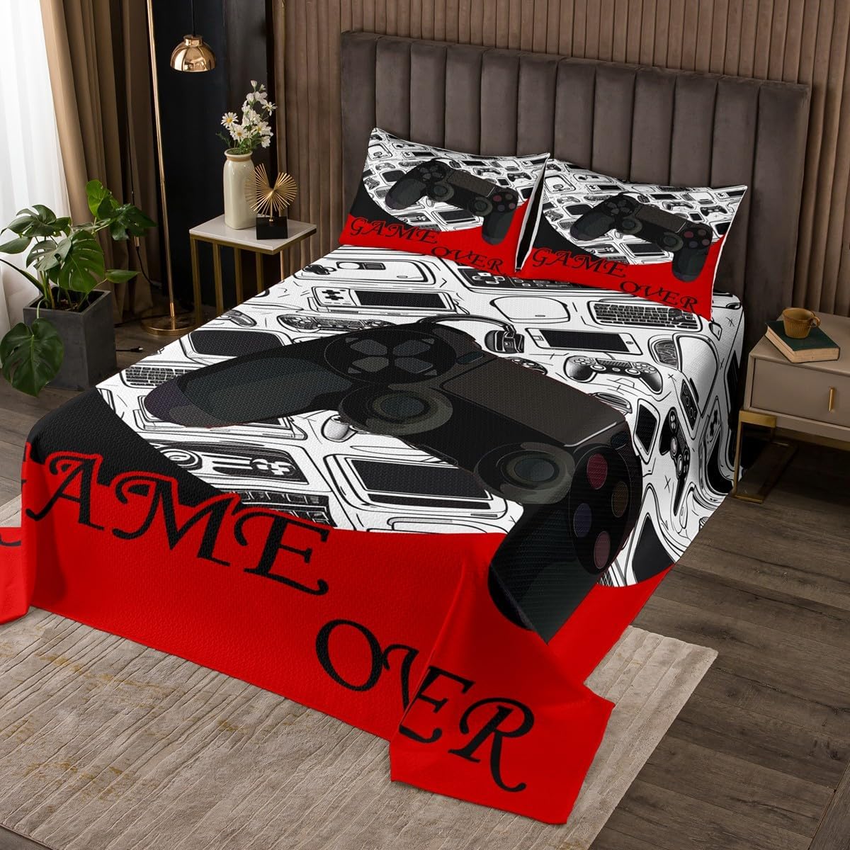 Video Games Theme Bedspread Queen Size,Player Gaming Equipment Printed Bedding Set for Kids Girls Boys Room Decor Gamepad Comforter Set Retro Gaming Black Blue Style Coverlet Set 3Pcs,2 Pillowcases