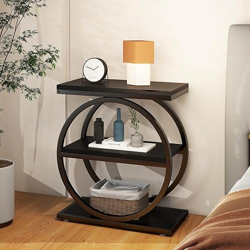 Miniatura 2 de IBUYKE Mesa auxiliar estrecha con 3 estantes de almacenamiento, mesa auxiliar de sofá industrial, marcos de metal redondos dobles, mesita de noche