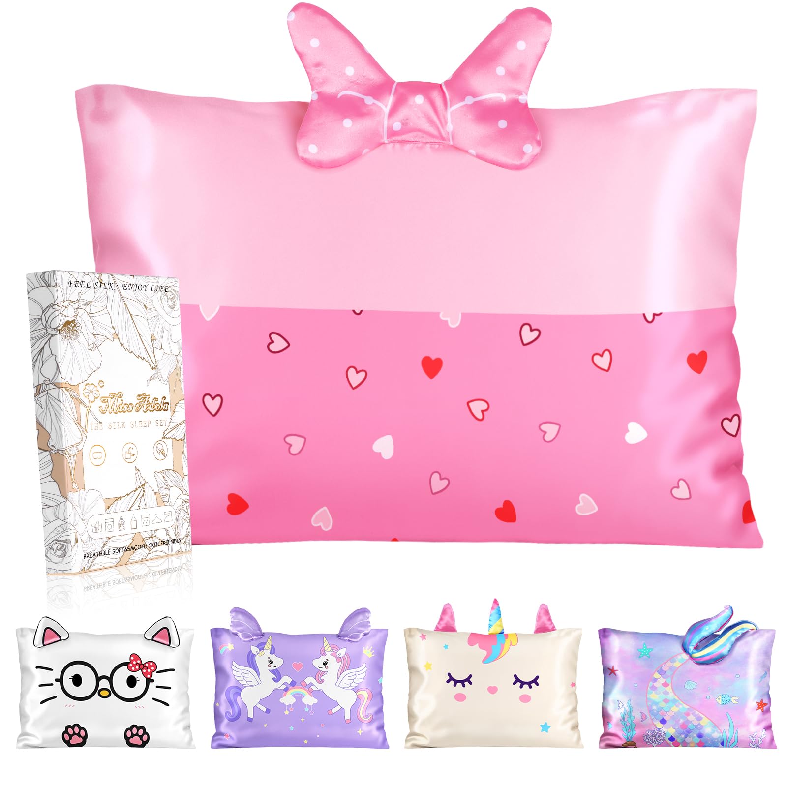 Miss Adola Kids Pillowcases Queen Size 20"x30" - Cute Cartoon Soft Breathable Silk Pillow Cases for Hair and Skin with Hidden Zipper for Girls Fun Kawaii Design for Bedding, Point Bow
