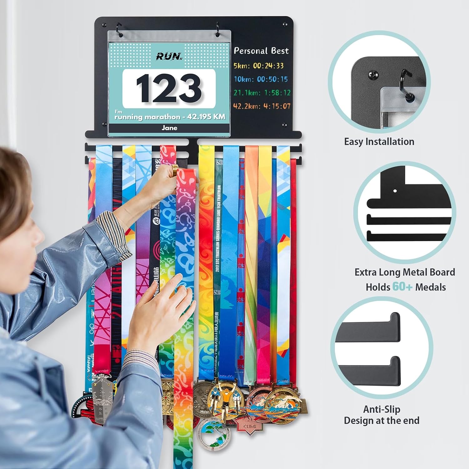 Medal Hanger Display, Race Medal Holder Wall Hanger, Race Medal Display, Medal Holder | Holds 40 Medals & 80 Race Bibs