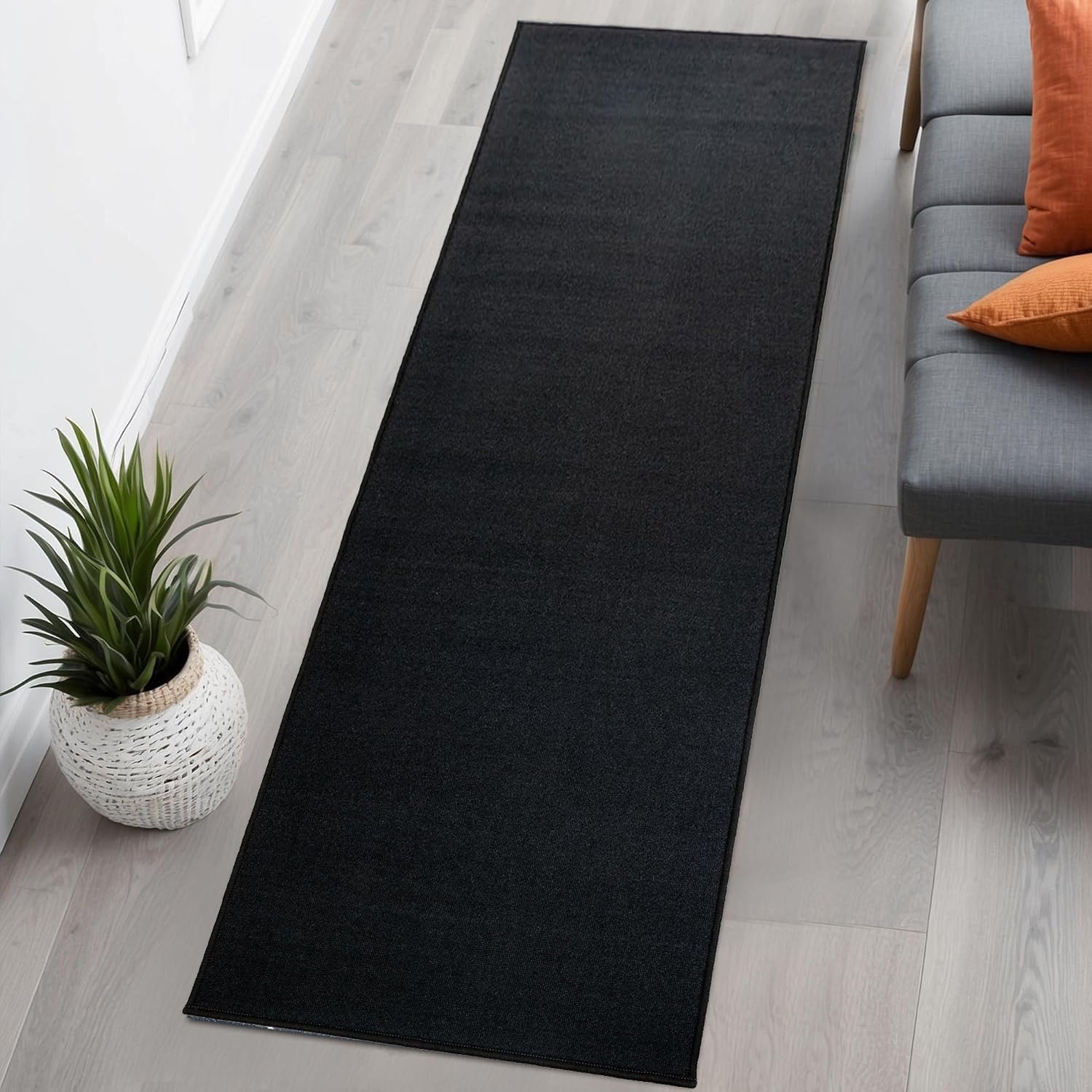 Extra-Long Custom Length Slip-Resistant Runner Rug with Low Pile Absorbent, Stain-Resistant (9 Feet Length x 26 Inch Width) Perfect for Entryways, Hallways, Kitchen, Solid Black Color