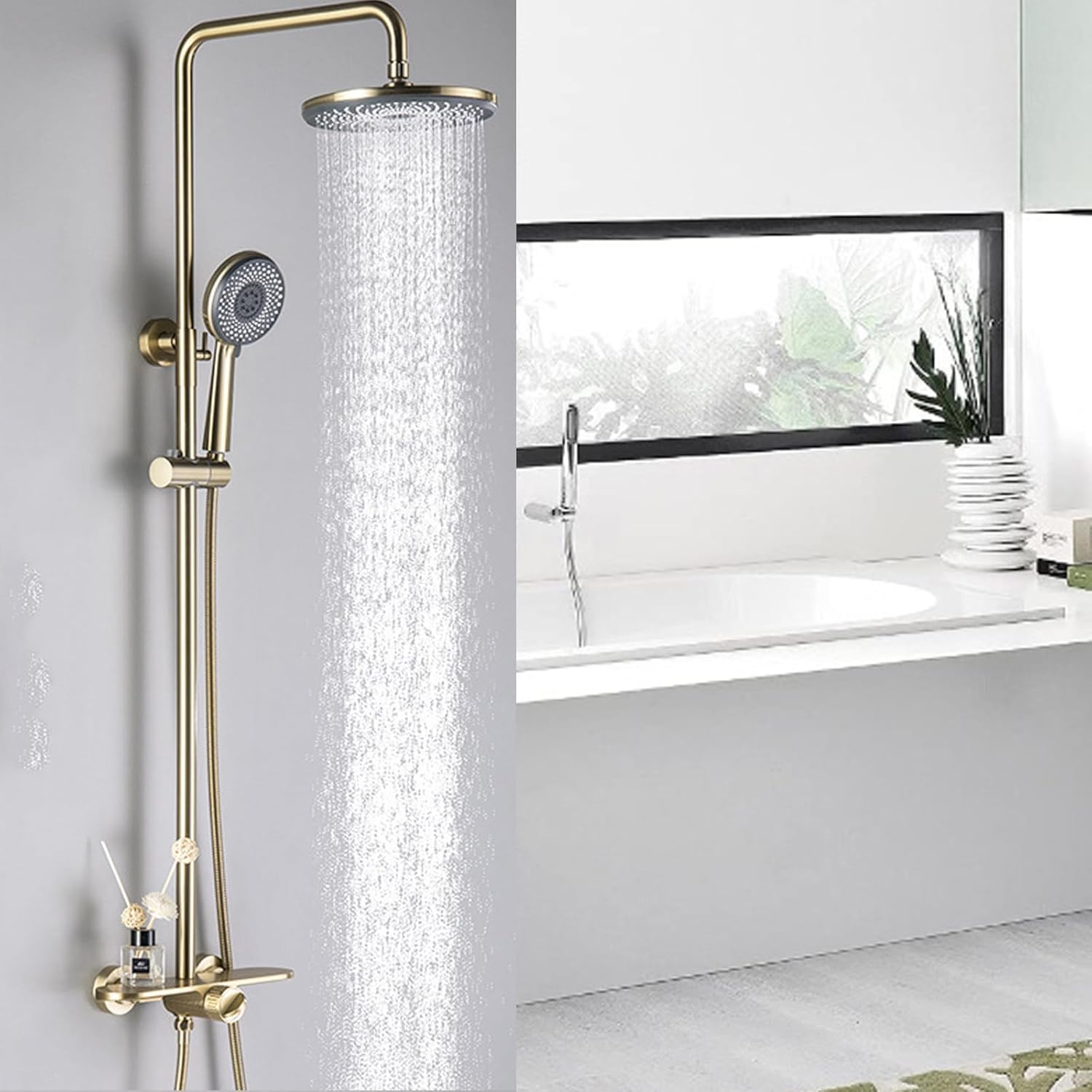 Shower System Brushed Gold Bathroom Shower Faucet Set 3 Functions Shower Fixtures Shower Kit with Valve and Rain Shower Head, 3 Modes Handheld Shower Head