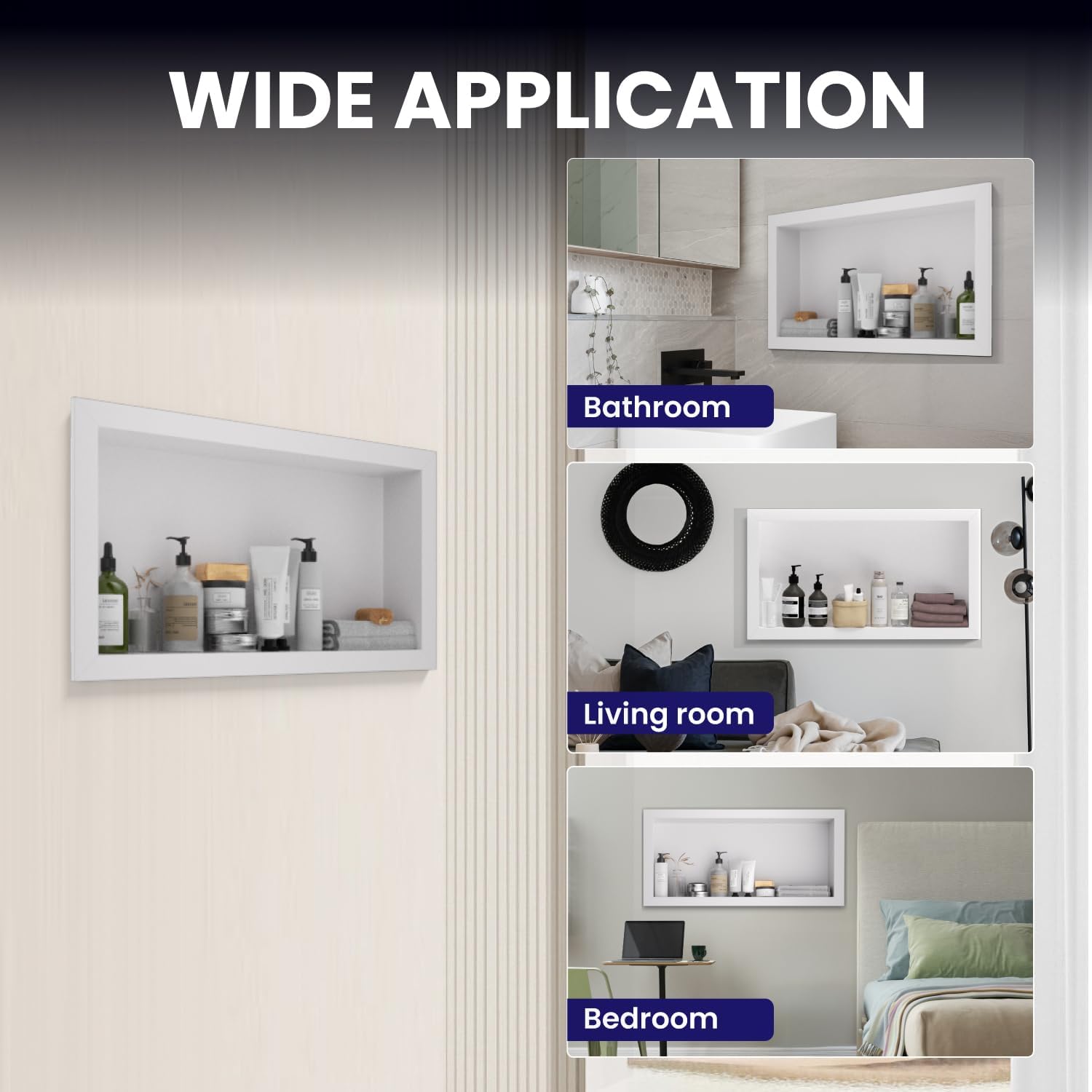 Stainless Steel Shower Niche 12" X 24"，Single Shelf Niches Bathroom Shelf Recessed Wall Niche No Tile Needed Shower Shelf for Bathroom Storage (White, 12 x 24)