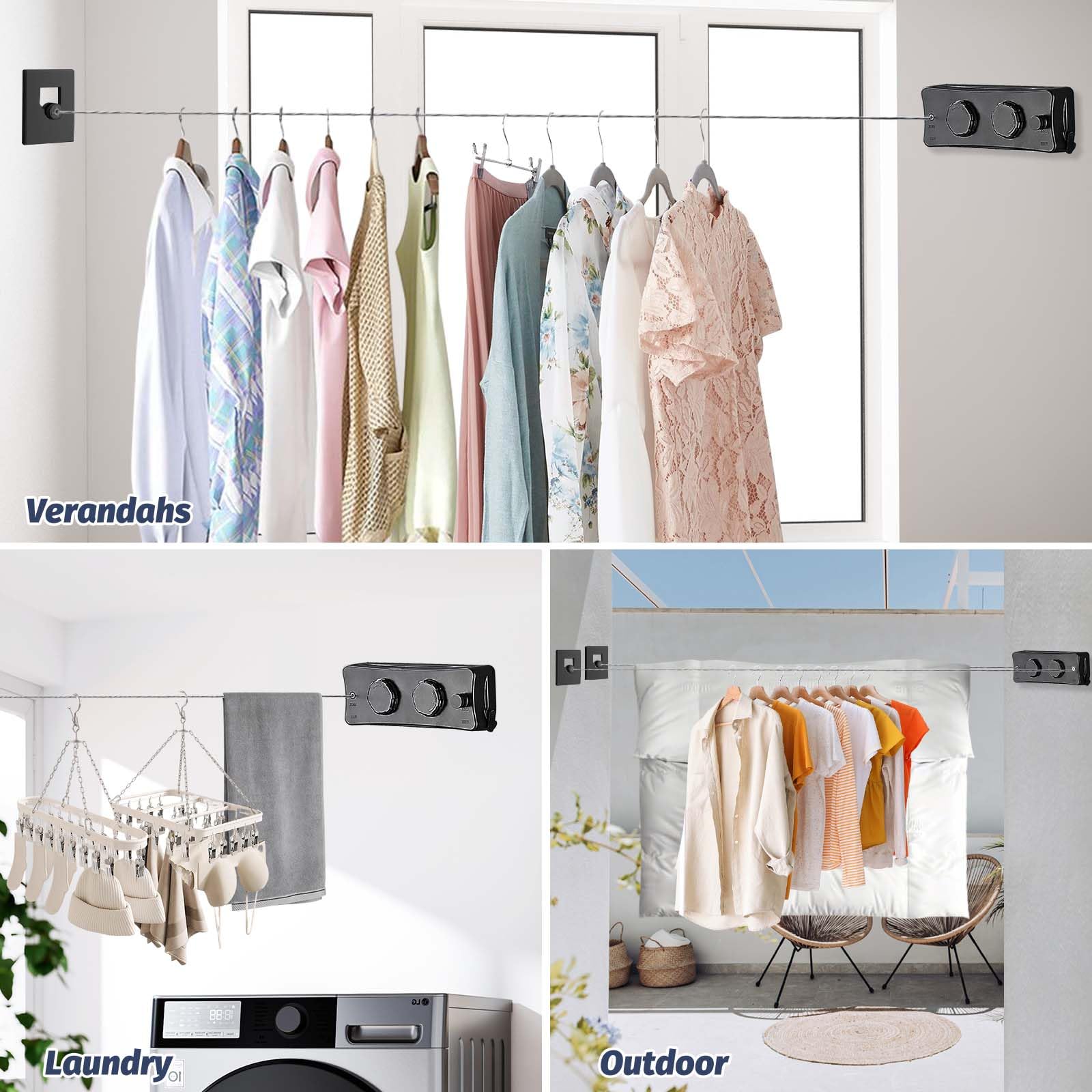 Corde à Linge Rétractable pour Intérieur et Extérieur, 2 x 5.1M Acier Inoxydable Fil a Linge Retractable, Étendoir à Linge Gain de Place (Noir)