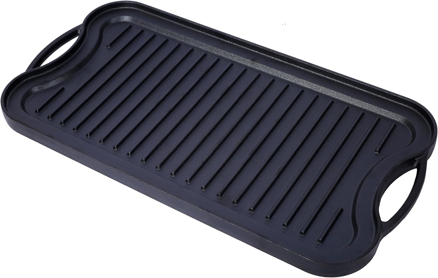 LuckyNote Pre-Seasoned Cast Iron Reversible Rectangular Grill/Griddle, Black,20inch x 10inch reversible design, offering a grilling surface on one side and a griddle on the other