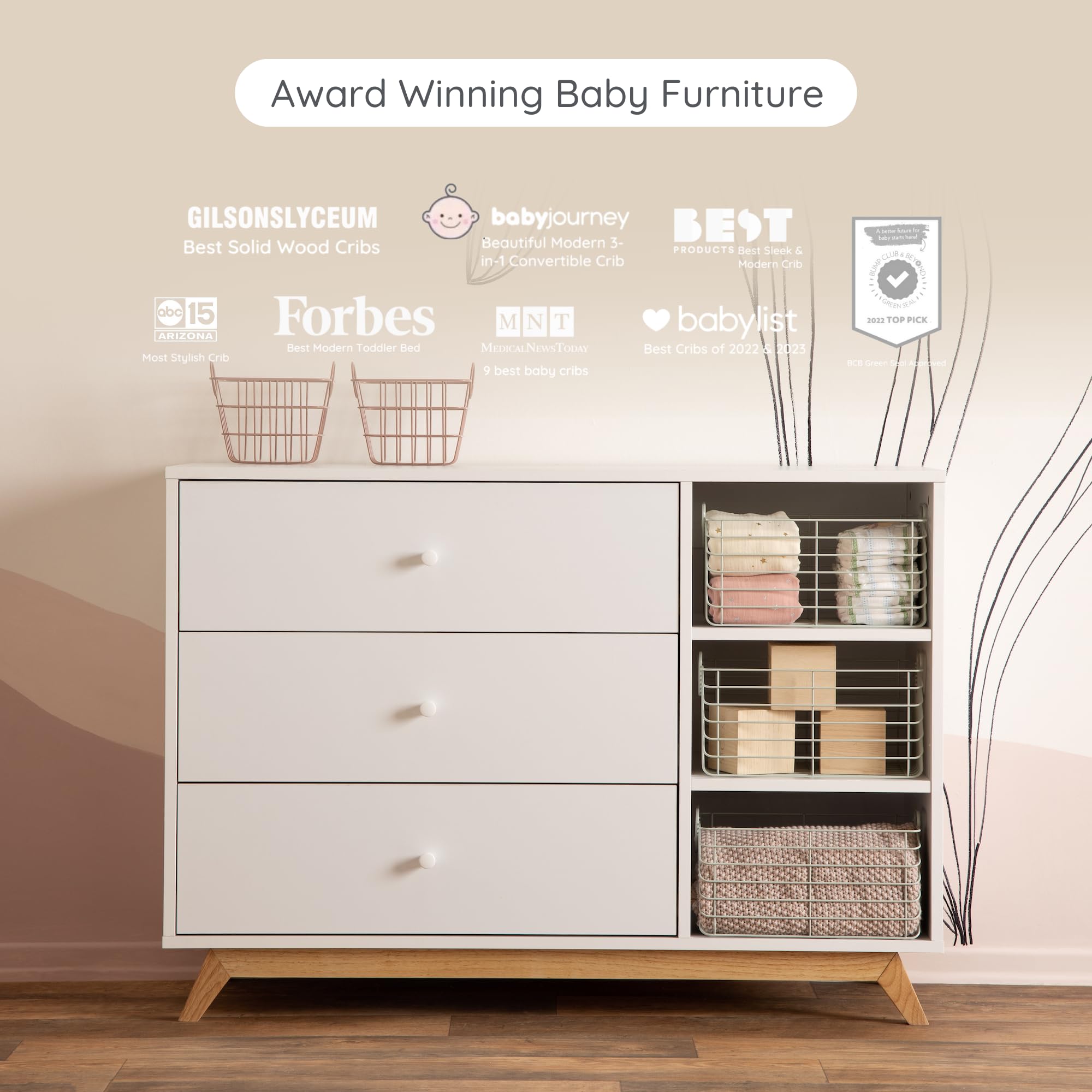 dadada Central Park 3-Drawer Dresser with Open Shelving - Modern Design, Baby-Safe Finish, Forged Steel Support, Sturdy Wood Legs, for Nursery, Kids or Teen Room, 47” Wide (White+Natural)